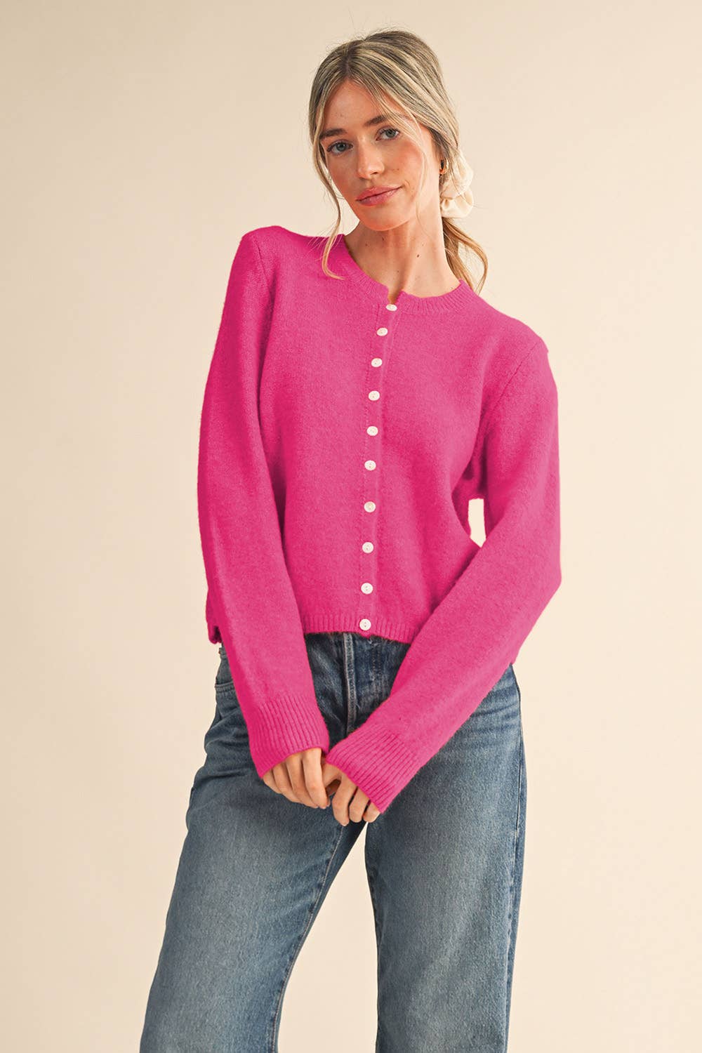 Marled Knit Collarless Cardi (Pink)