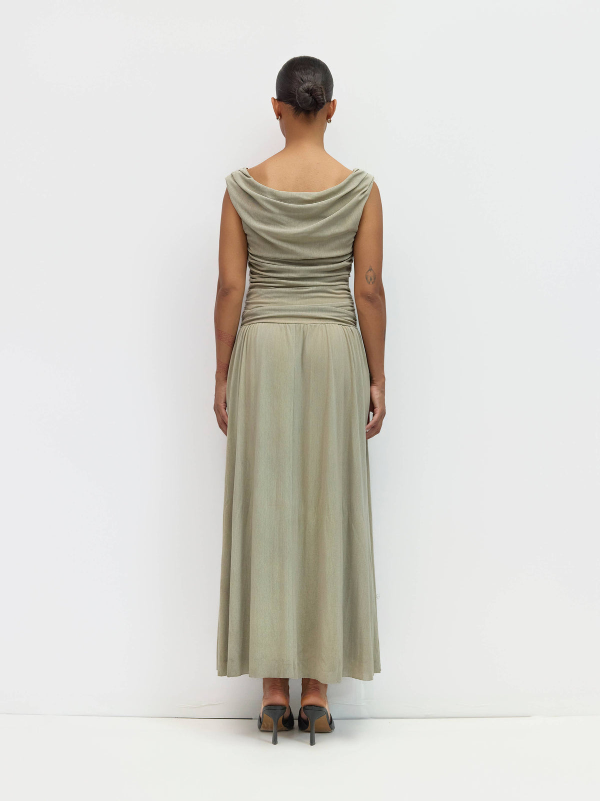 The Annabelle Dress (Cowl Wide Neck Drape Mesh Midi Dress, Taupe) | All Row