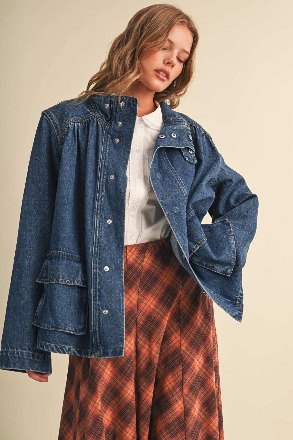 Hi-Collar Denim Utility Jacket