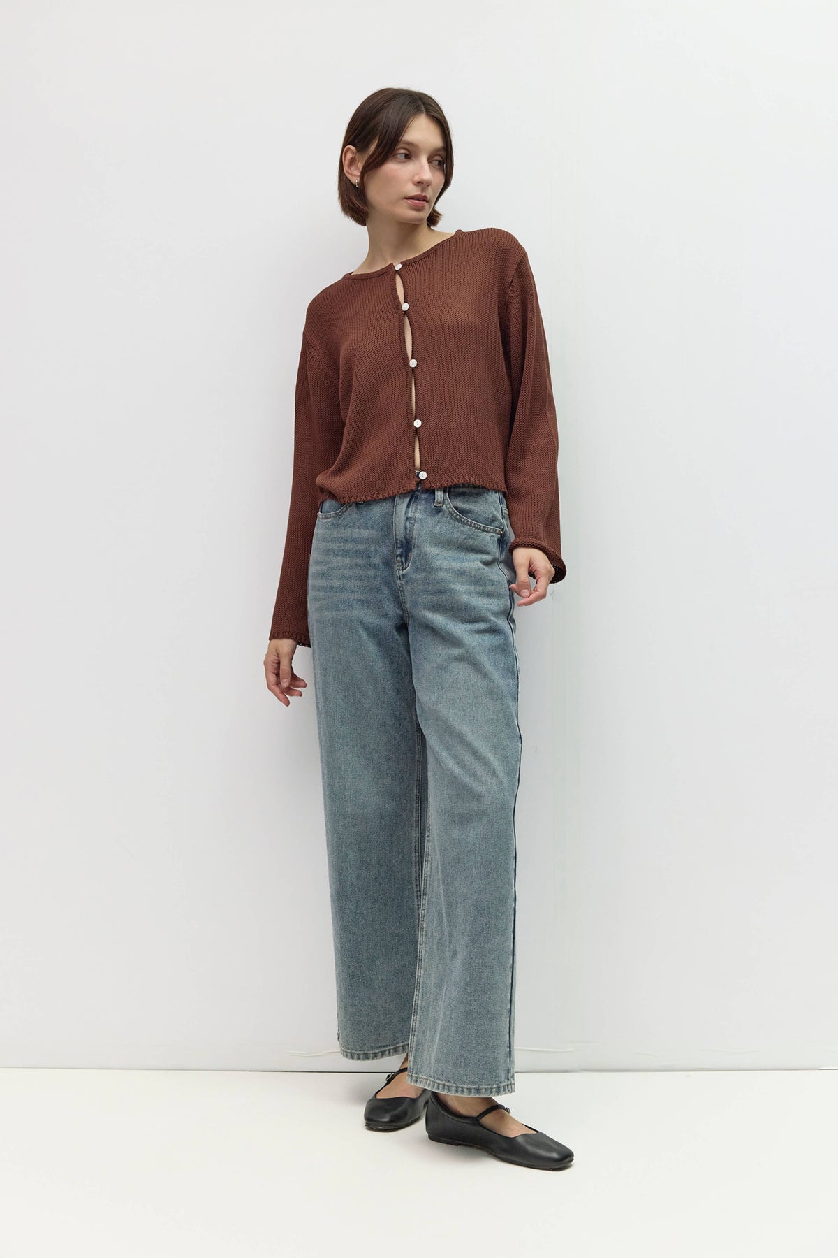The Morgan Cardigan (Open Button Hole Long Sleeve Cardigan, Brown) | All Row
