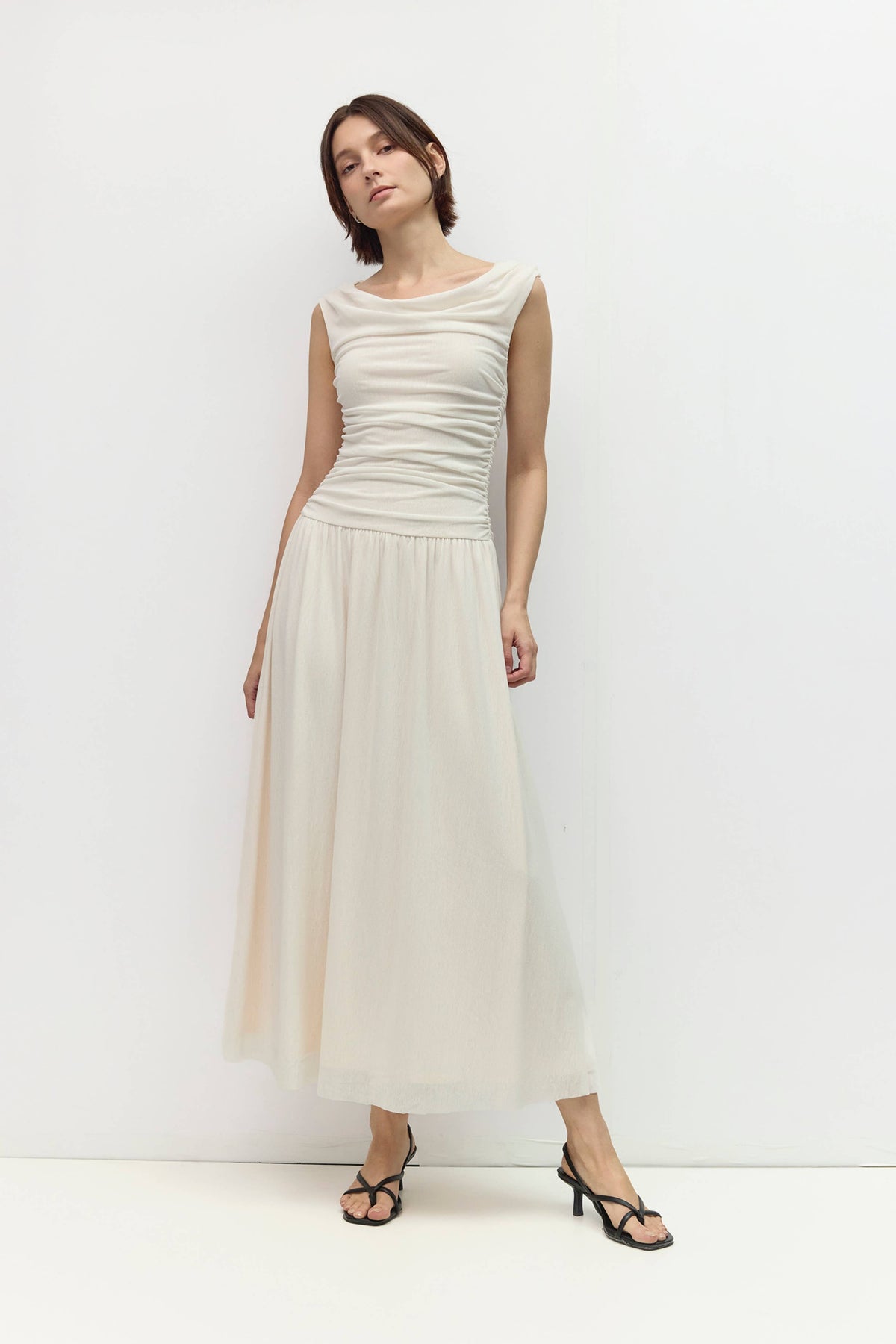 The Annabelle Dress (Cowl Wide Neck Drape Mesh Midi Dress, Ivory) | All Row