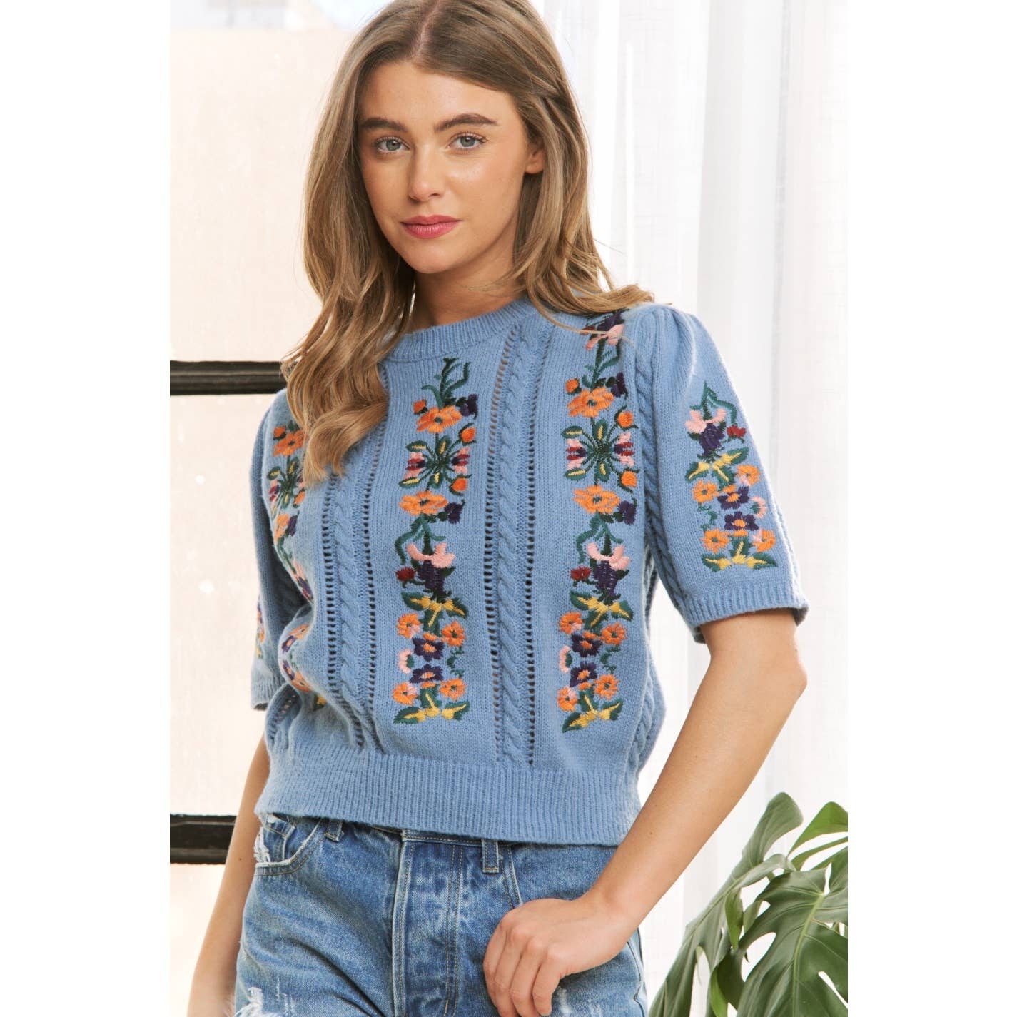 Embroidered Short Sleeve Sweater (Blue)