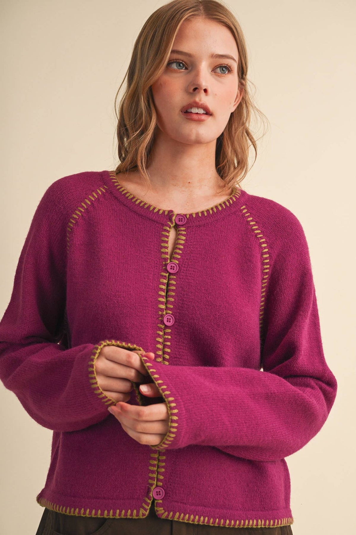 Blanket Stitch Hem Cardi (Berry)