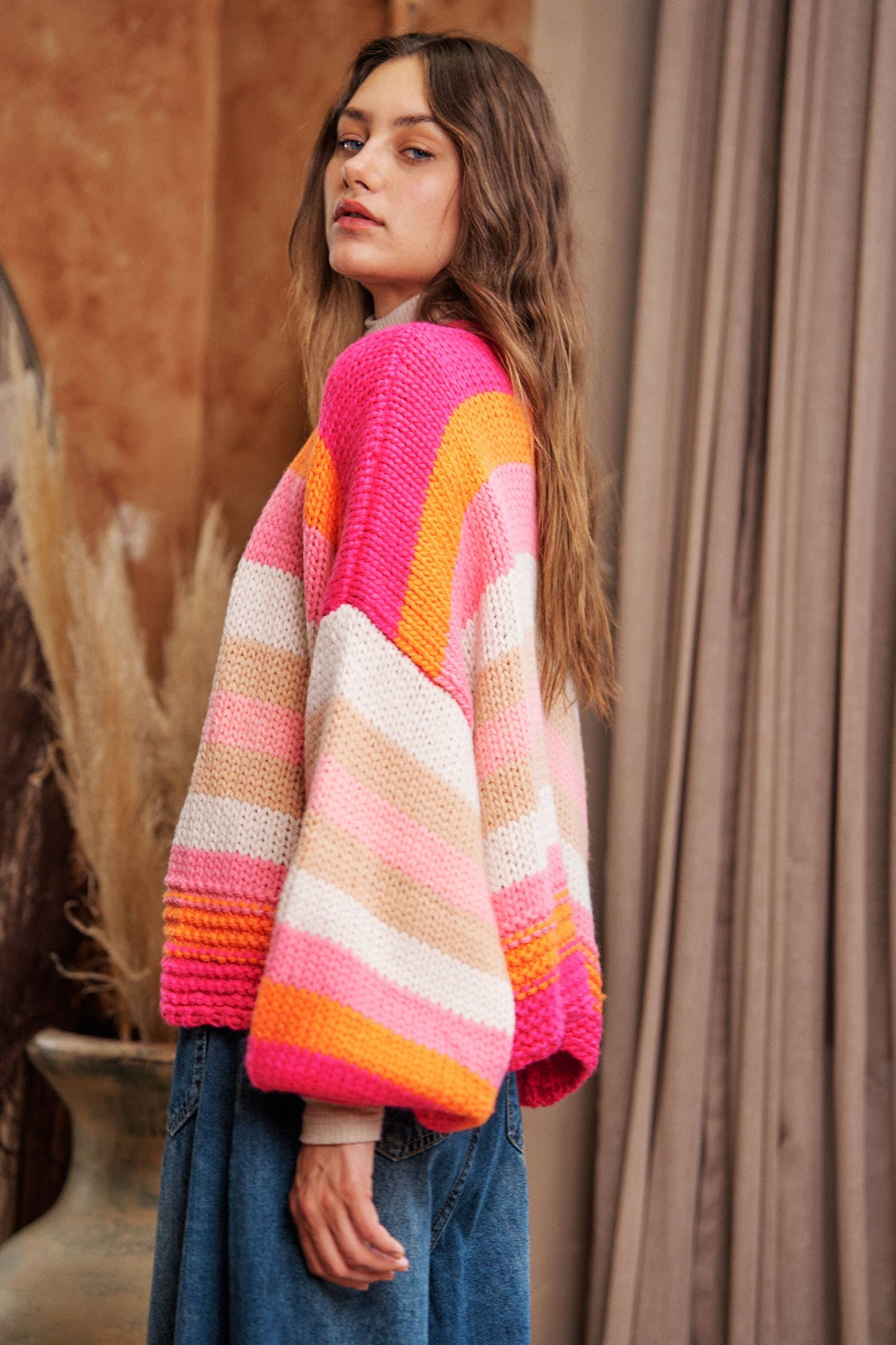 Striped Balloon Sleeve Cardi