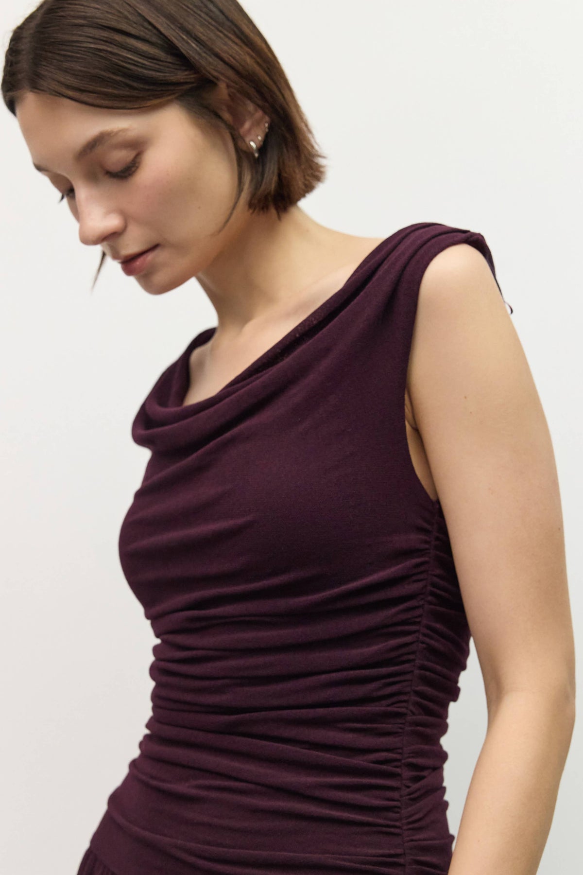 The Annabelle Dress (Cowl Wide Neck Drape Mesh Midi Dress, Plum) | All Row