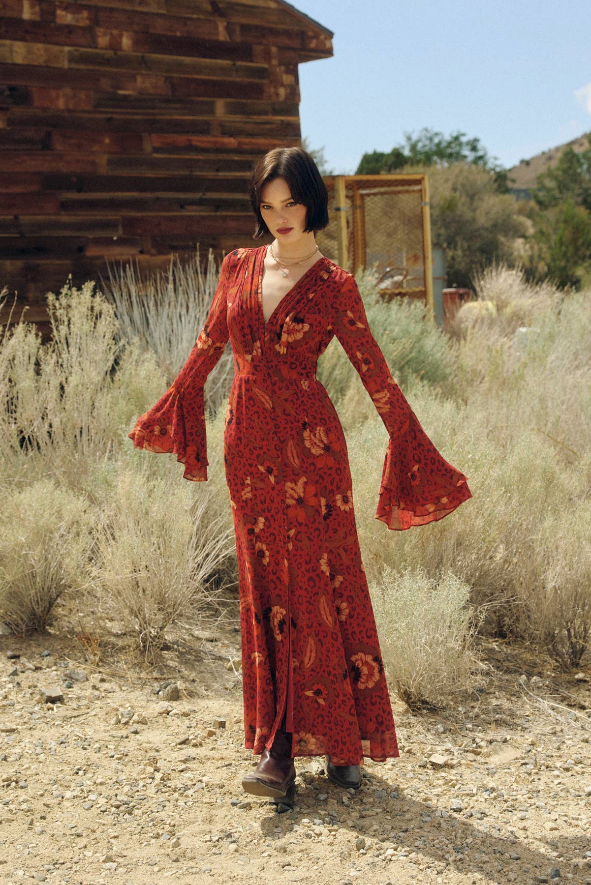 Harvest Ruffled Bell Sleeve Maxi Dress