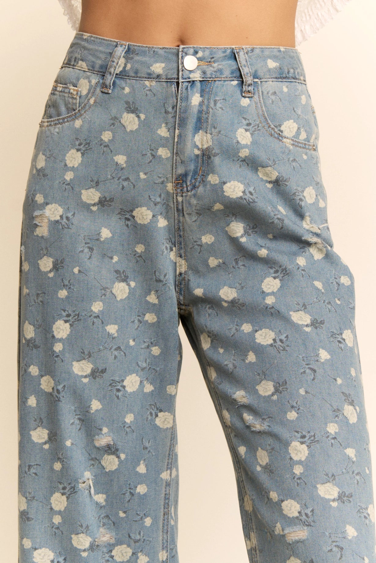 Cropped Floral Print Lightweight Jeans
