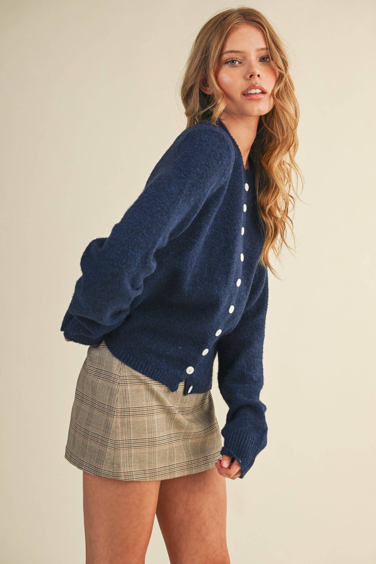 Marled Knit Collarless Cardi (Navy)