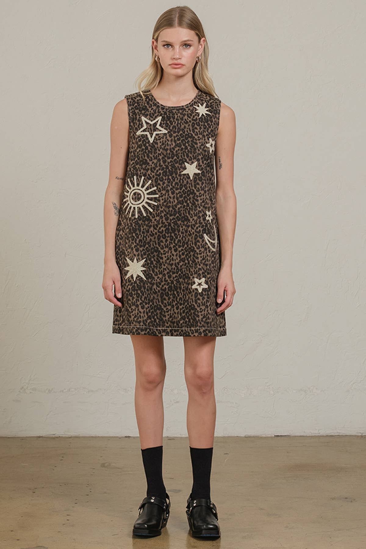 Leopard Print Embroidered Shift Dress