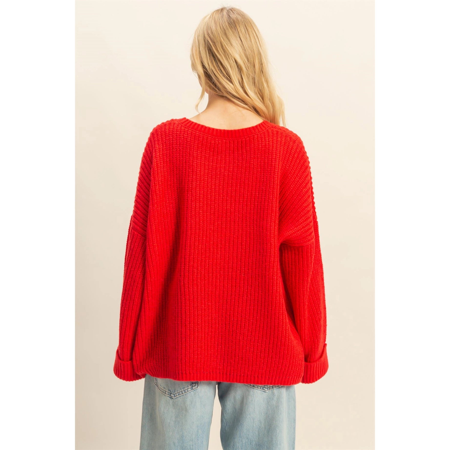 Oversized Ribbed Knit Sweater (Red)