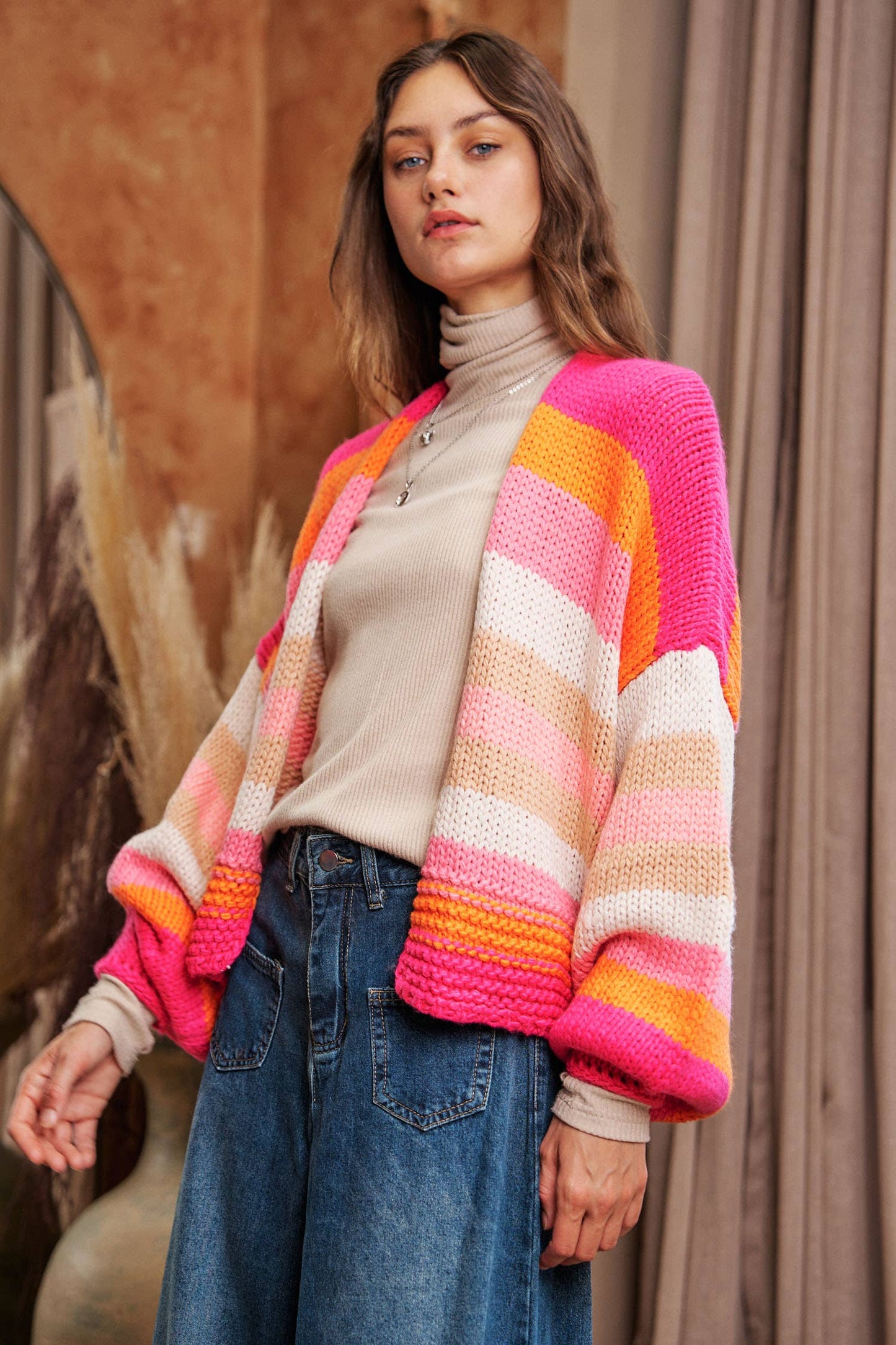 Striped Balloon Sleeve Cardi