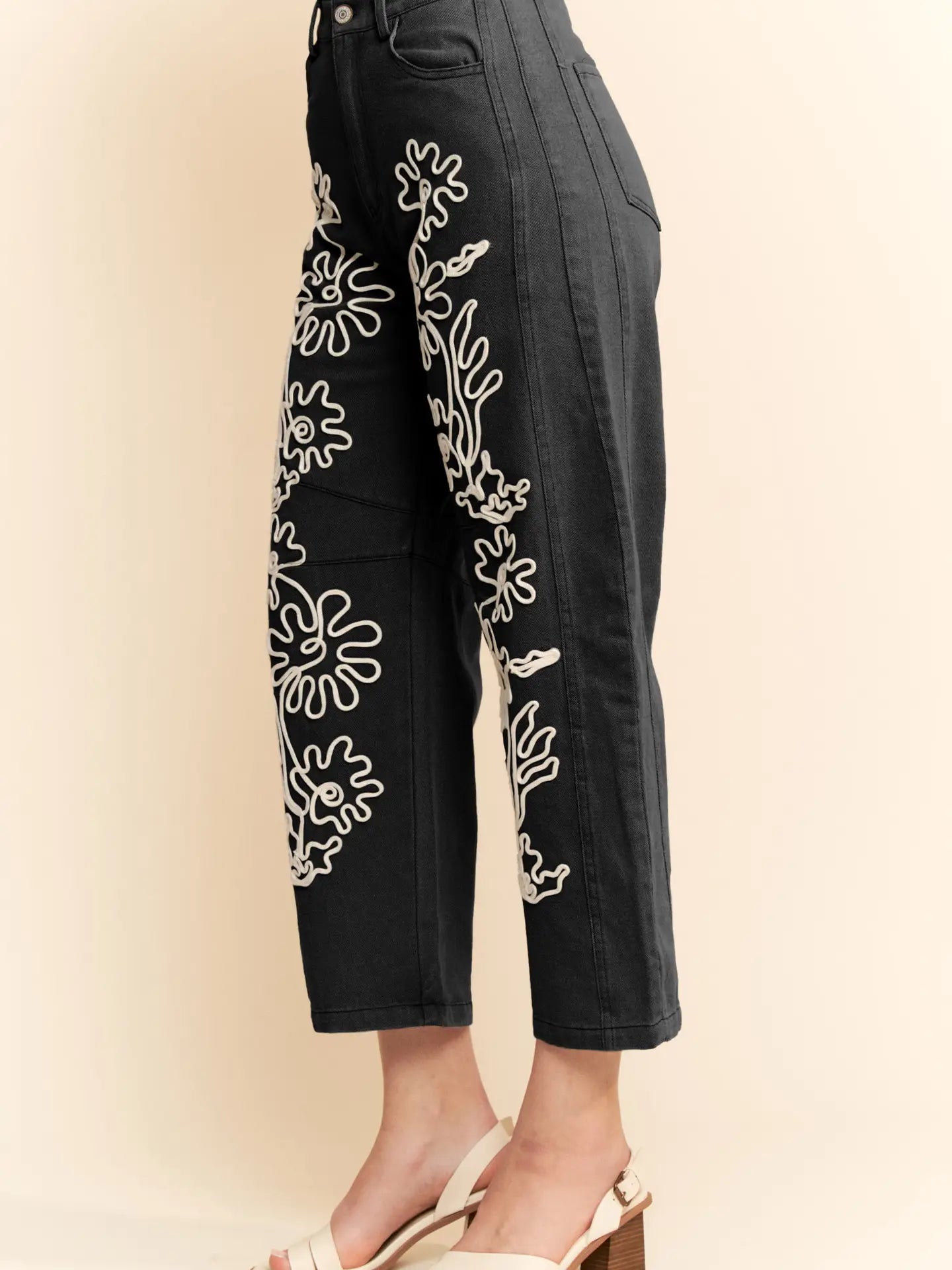 Cord Floral Embroidered Barrel Pants