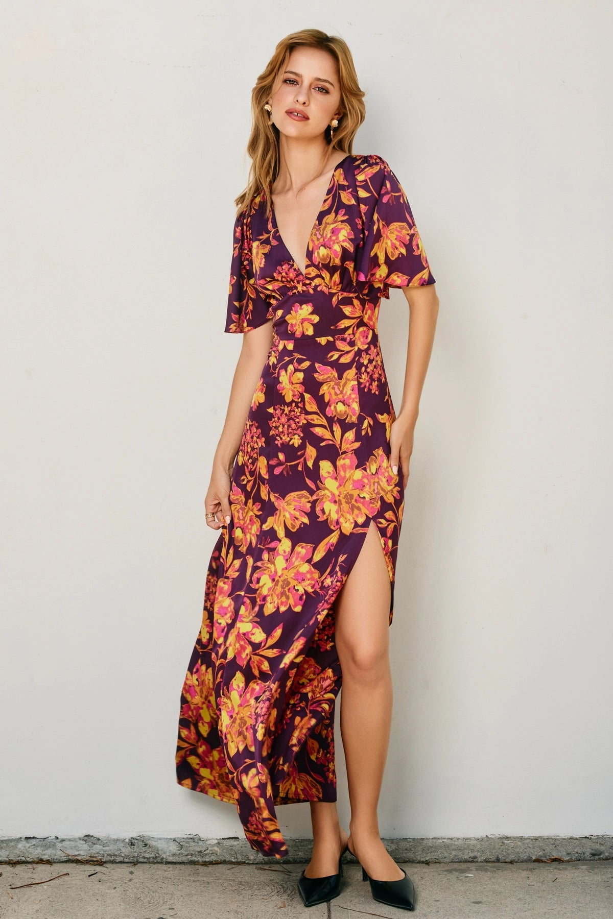 Bordeaux Flutter-Sleeve Maxi