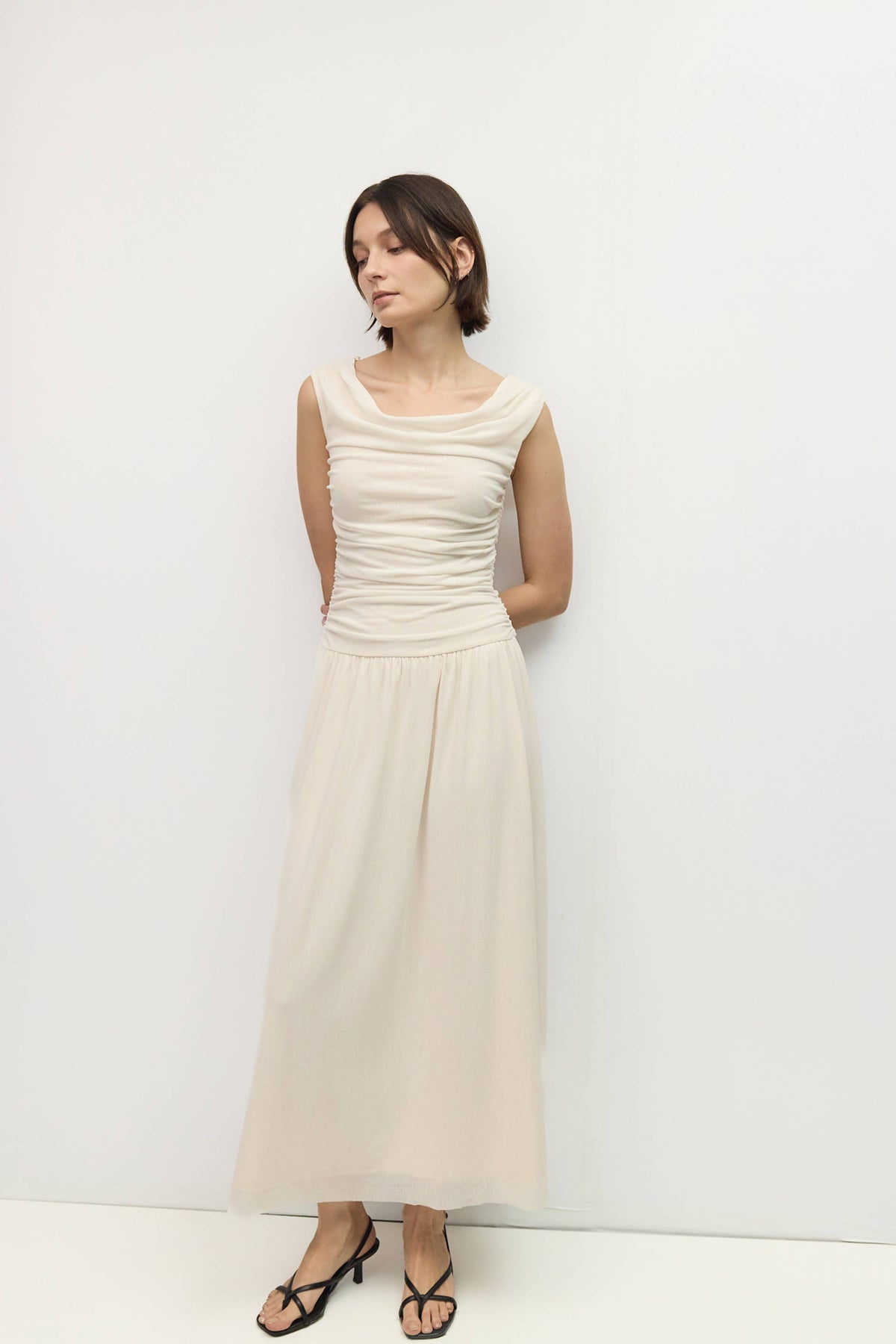 The Annabelle Dress (Cowl Wide Neck Drape Mesh Midi Dress, Ivory) | All Row
