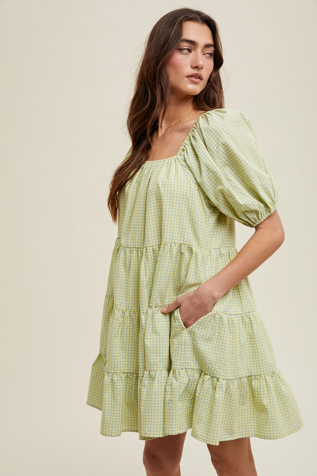 Plaid Puff-Sleeve Tiered Minidress (Blue + Yellow)