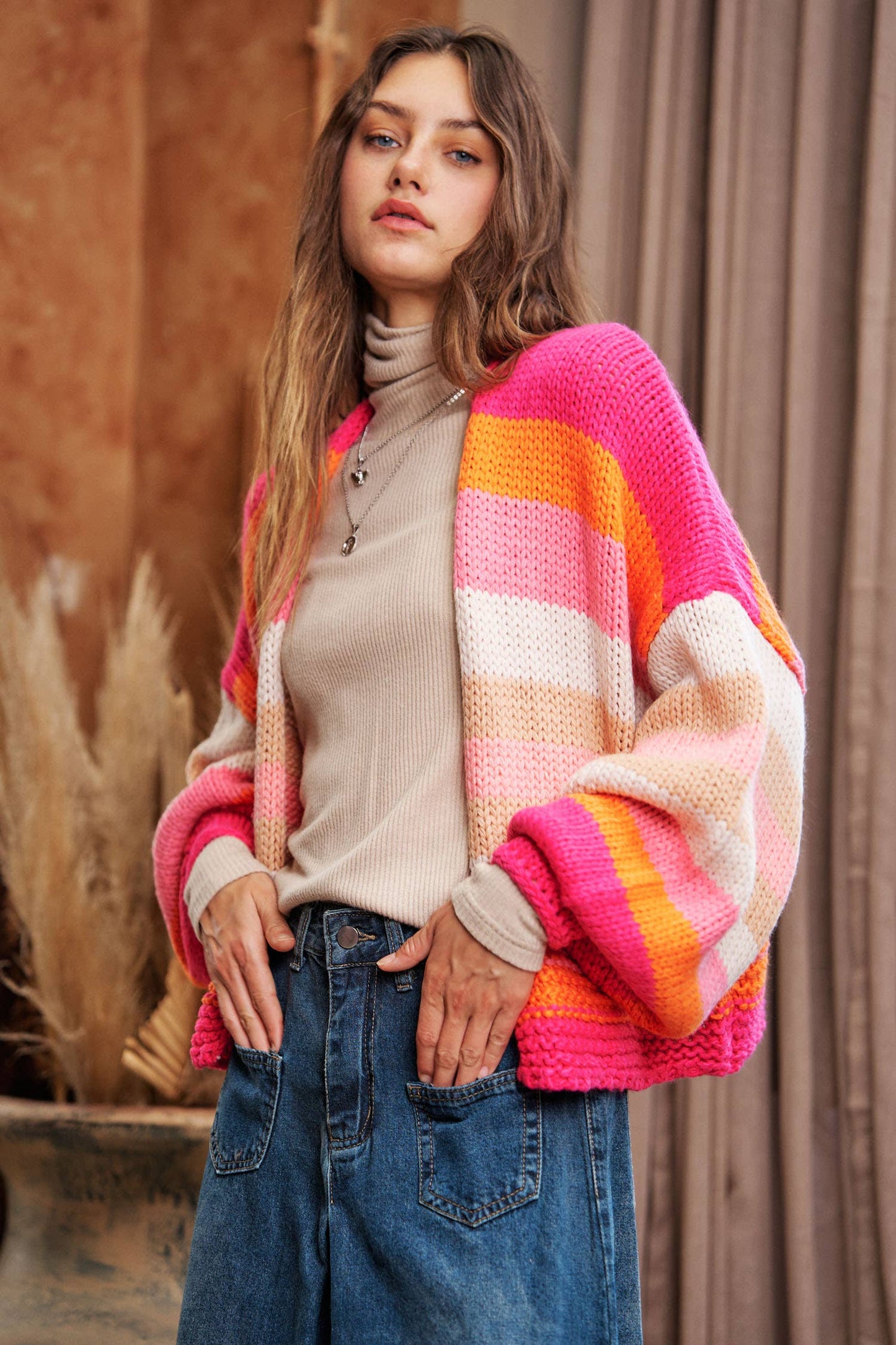 Striped Balloon Sleeve Cardi