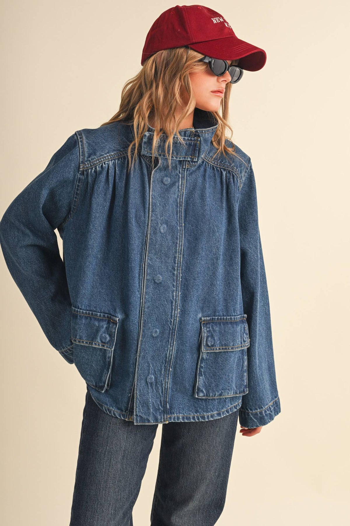 Hi-Collar Denim Utility Jacket