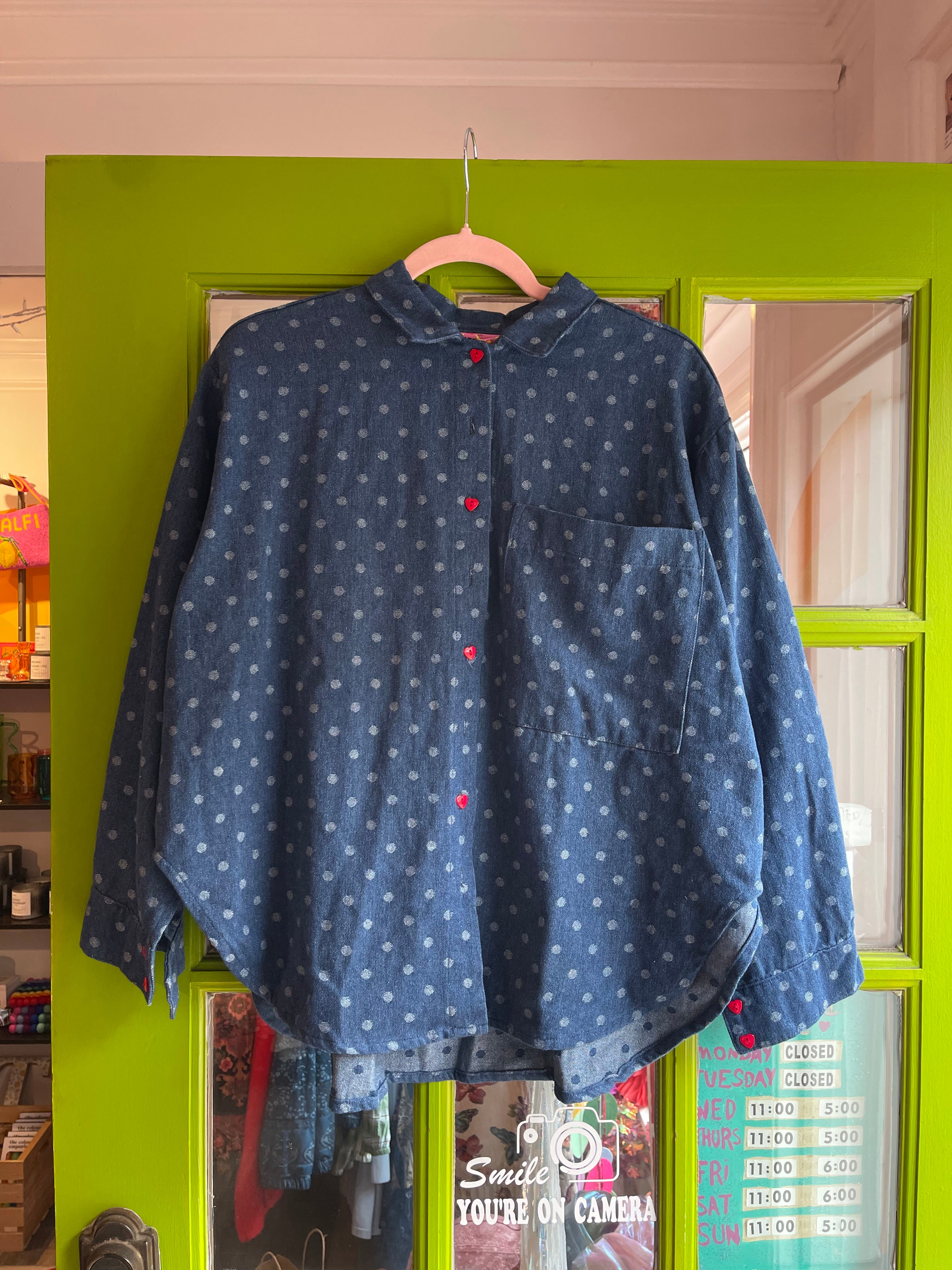 Size Inclusive Polka Dot Denim Button Up Shirt | NETTLE STUDIOS