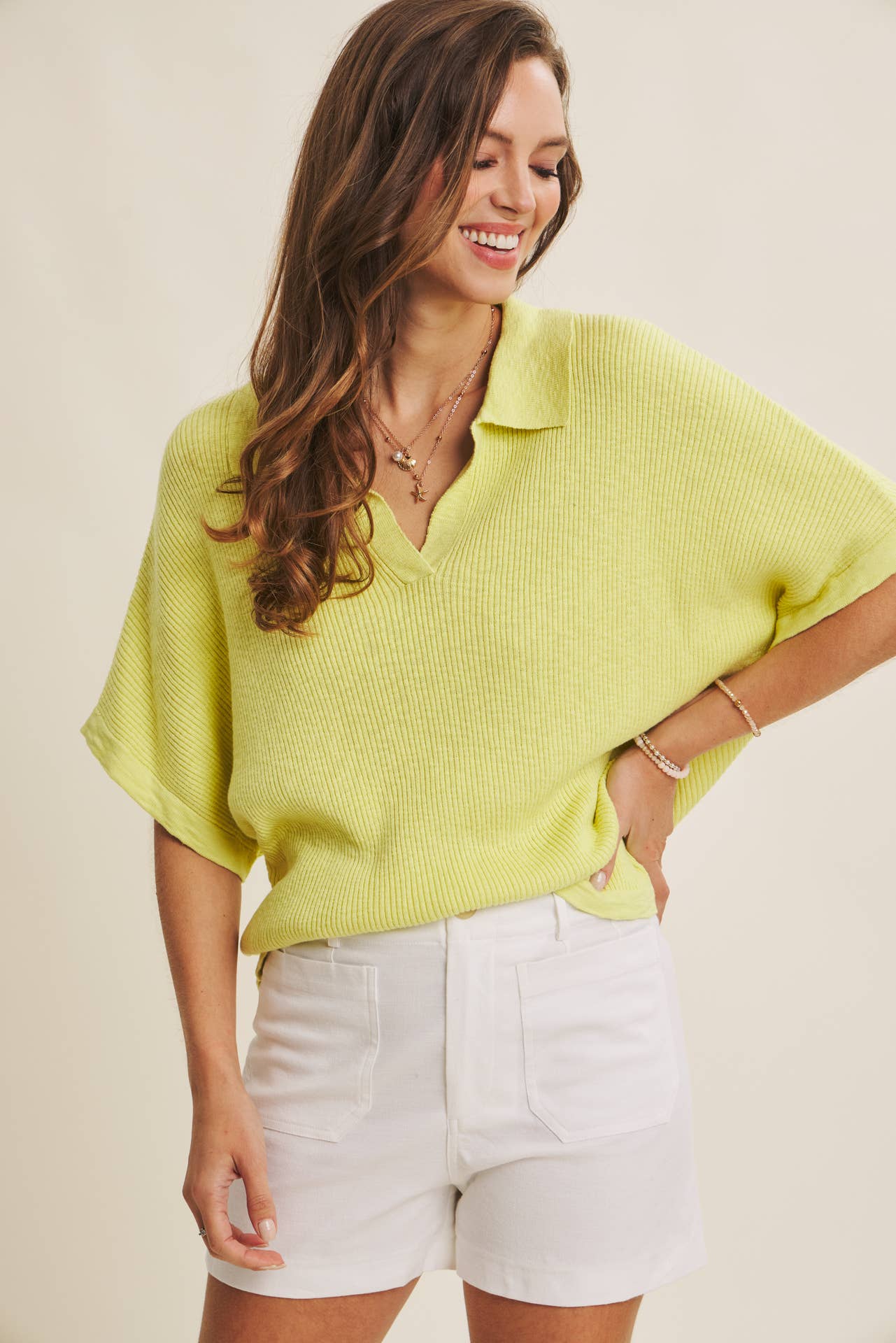 Dolman-Sleeve Polo-Neckline Top (Lime)