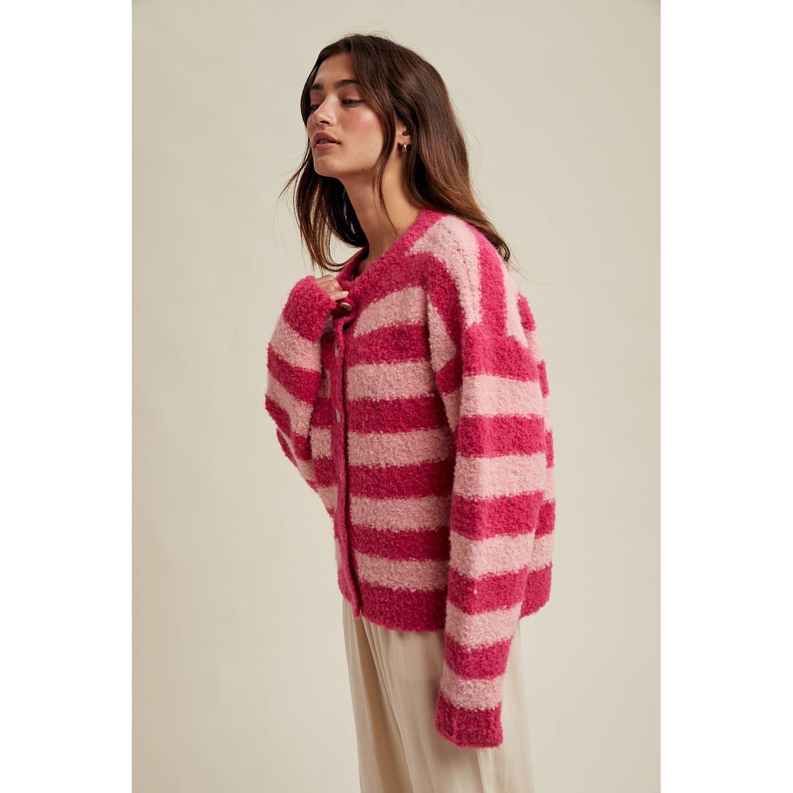 Brushed Soft Striped Cardi (Candy Apple)