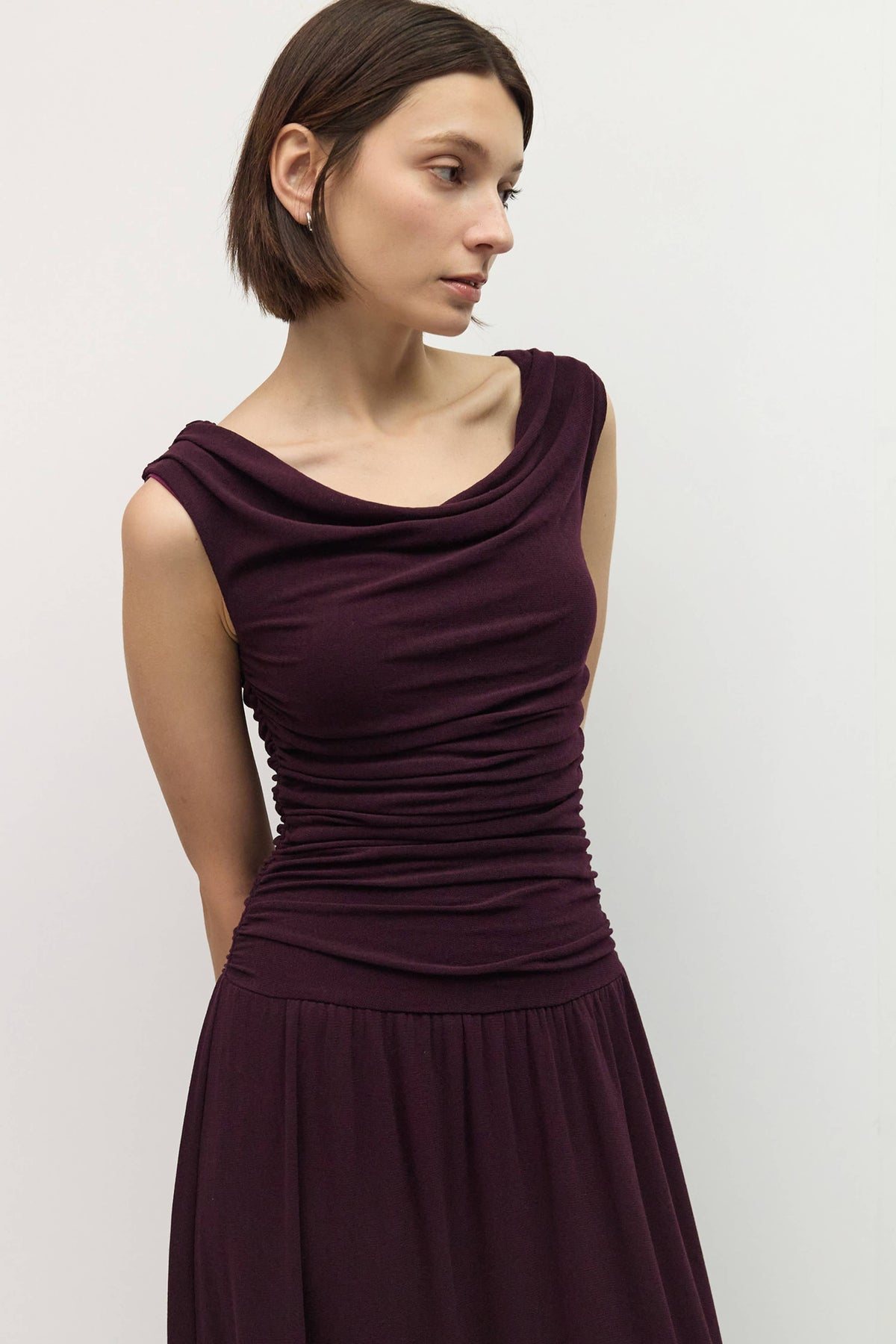 The Annabelle Dress (Cowl Wide Neck Drape Mesh Midi Dress, Plum) | All Row