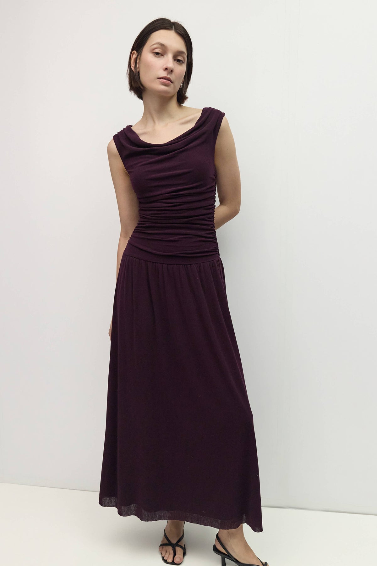 The Annabelle Dress (Cowl Wide Neck Drape Mesh Midi Dress, Plum) | All Row