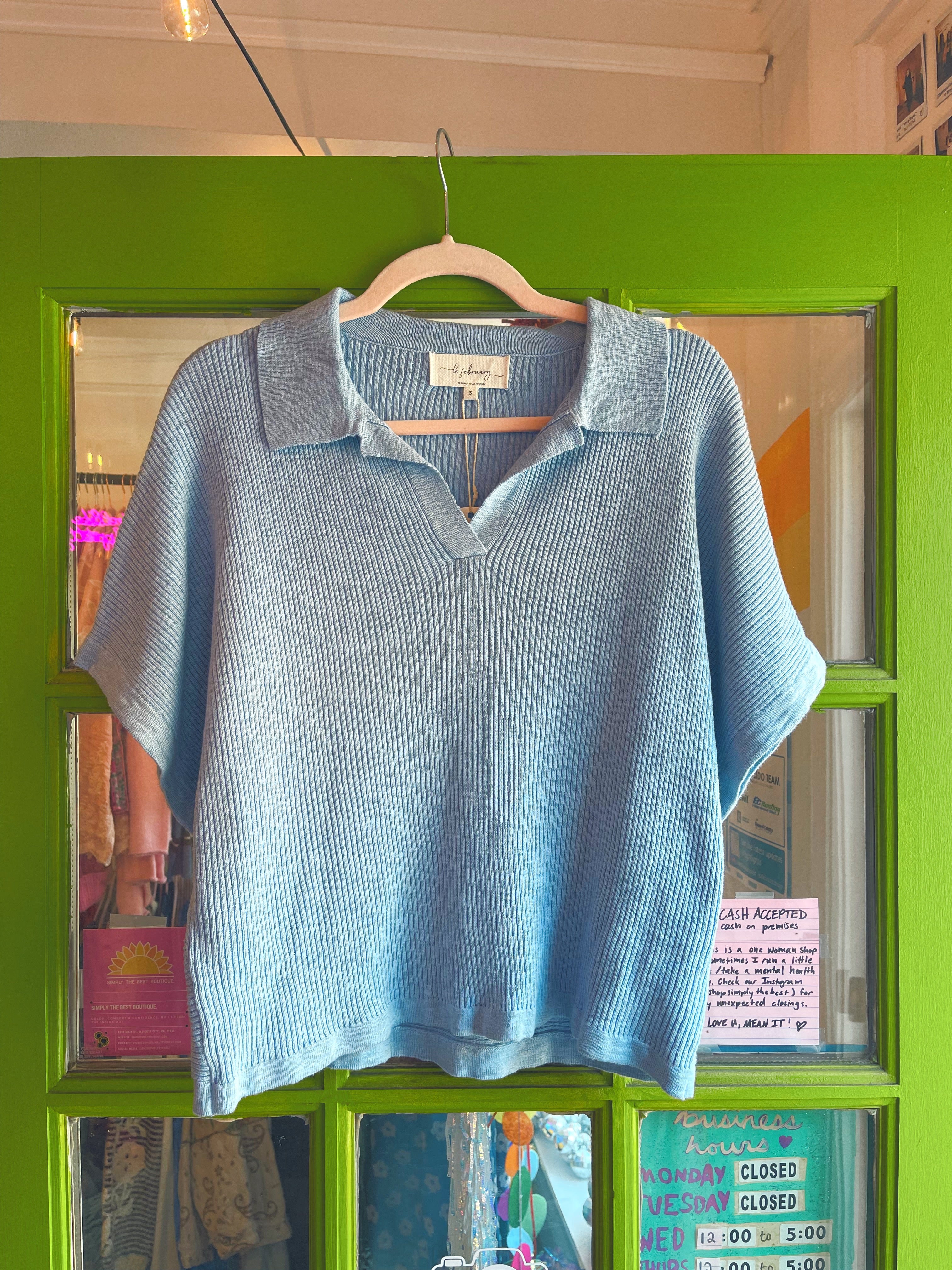 Dolman Sleeve Polo-Neckline Top (Dusty Blue)