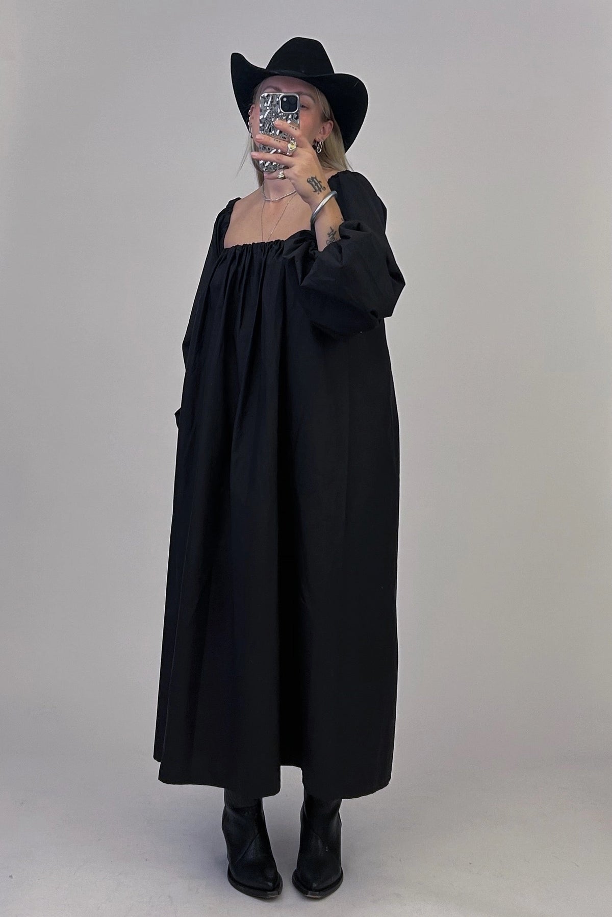 DEADSTOCK VINTAGE FABRIC Long Puff Sleeve Maxi Dress (Black) | Maya Meyer