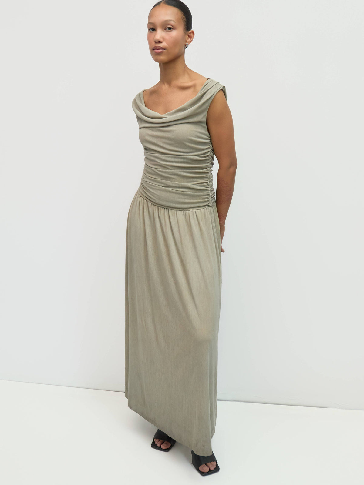 The Annabelle Dress (Cowl Wide Neck Drape Mesh Midi Dress, Taupe) | All Row