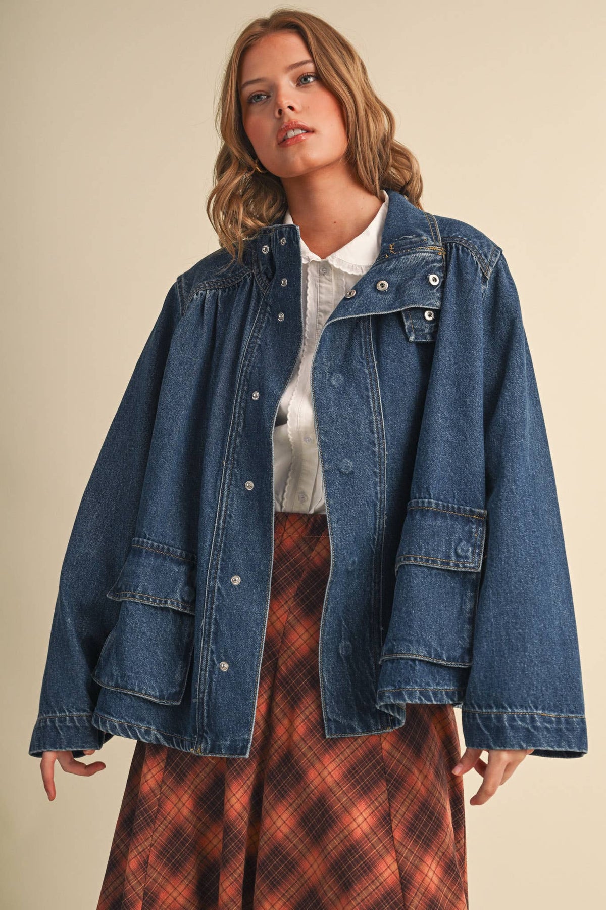Hi-Collar Denim Utility Jacket
