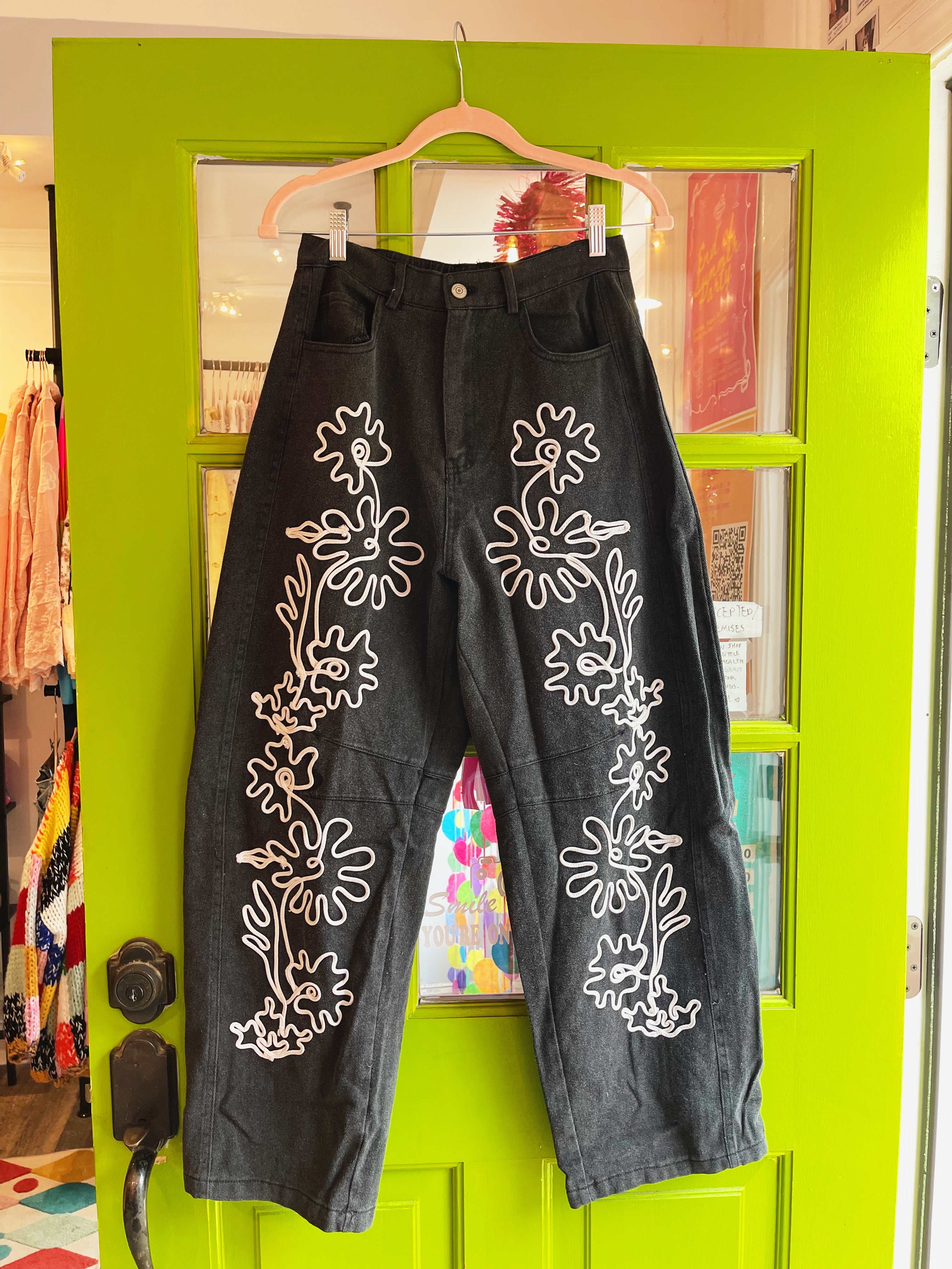 Cord Floral Embroidered Barrel Pants