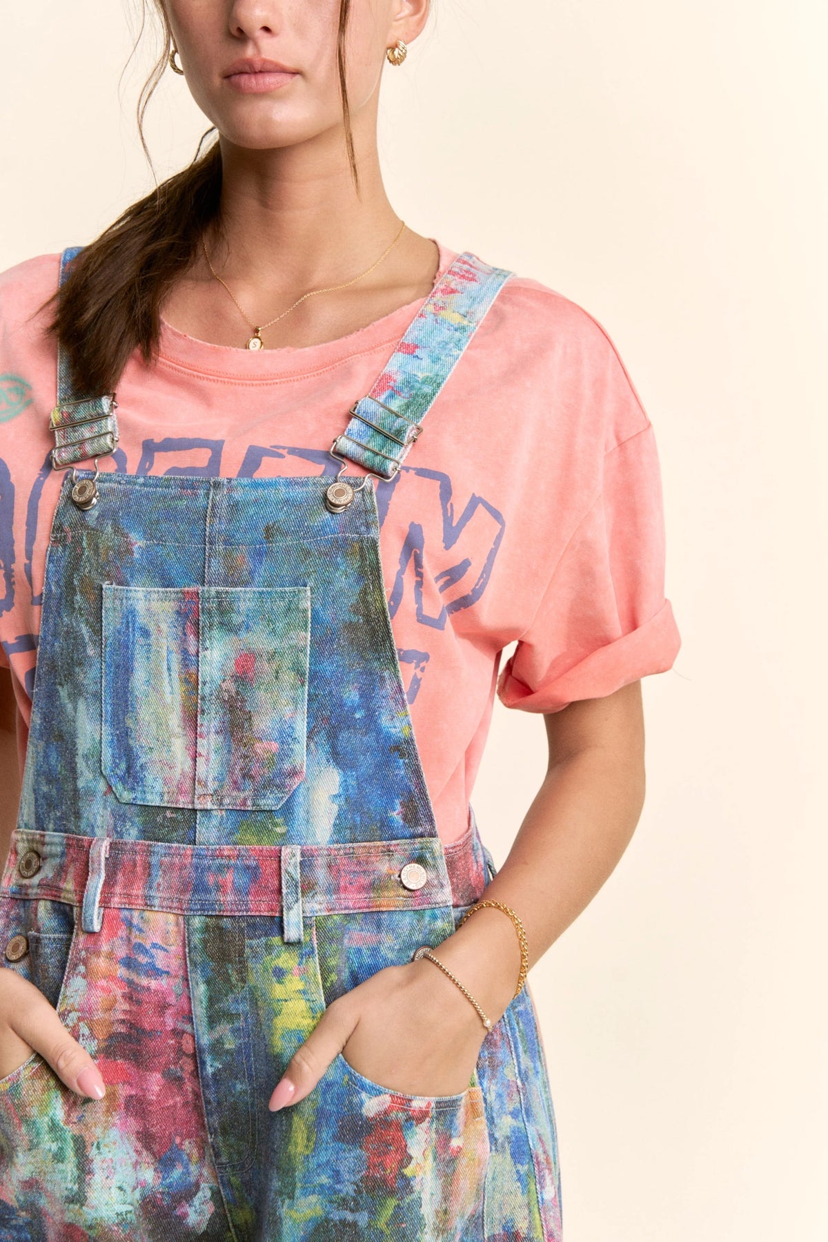 Paint-Printed Barrel Cropped Overalls