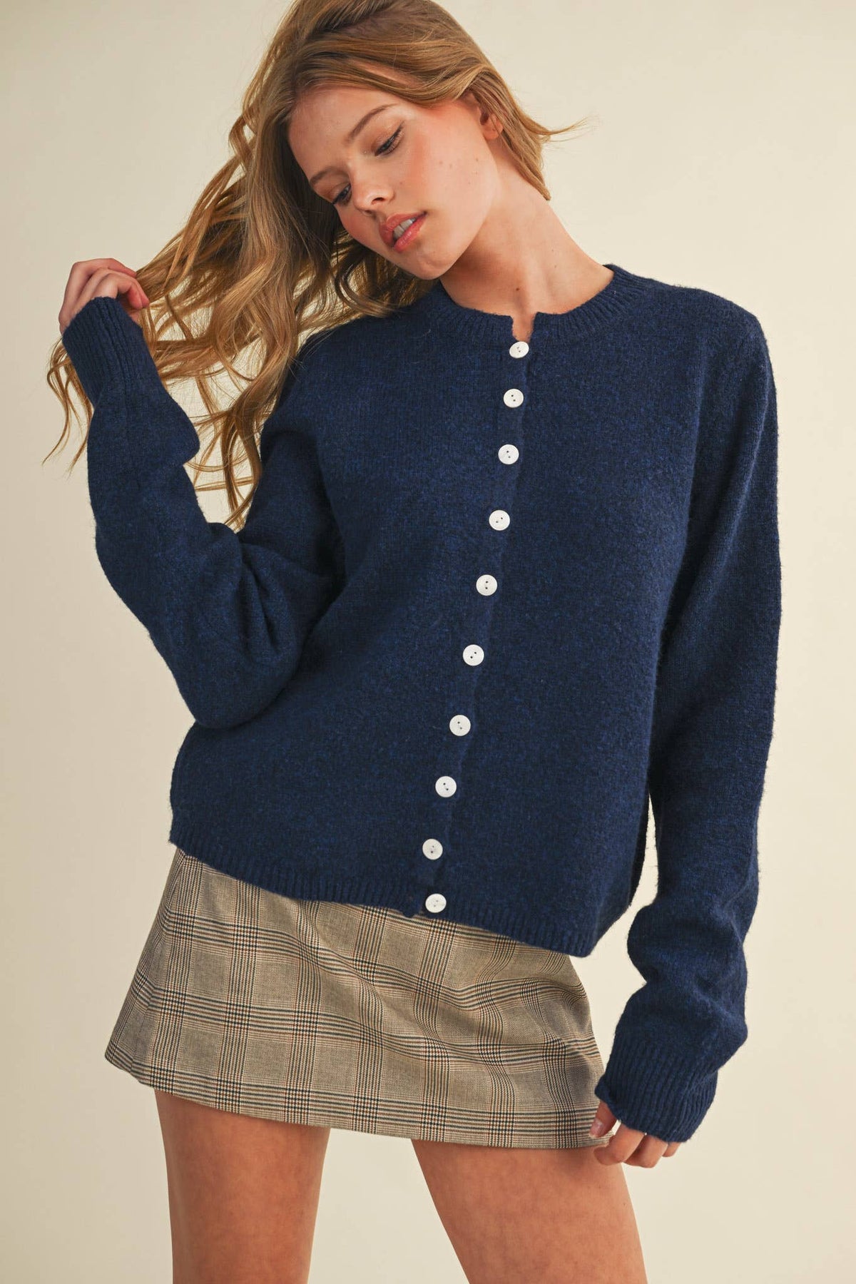 Marled Knit Collarless Cardi (Navy)