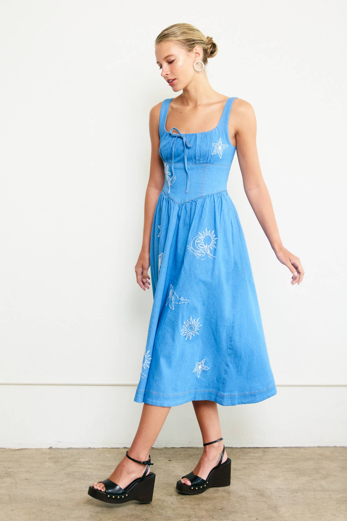 Doodle-Embroidered Denim Sundress