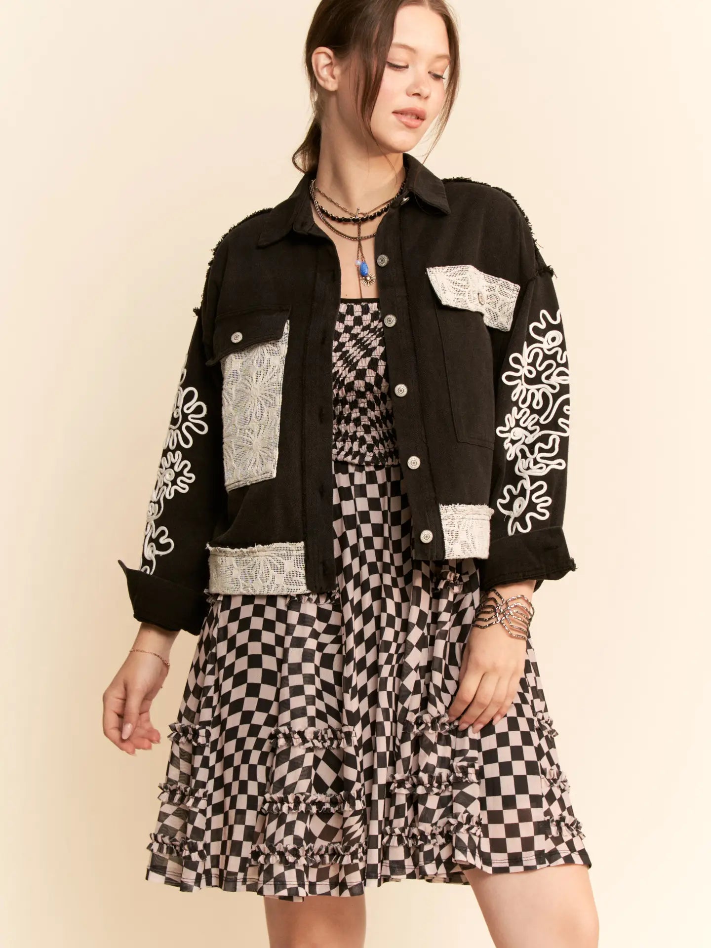 Cord Embroidered Floral Denim Jacket