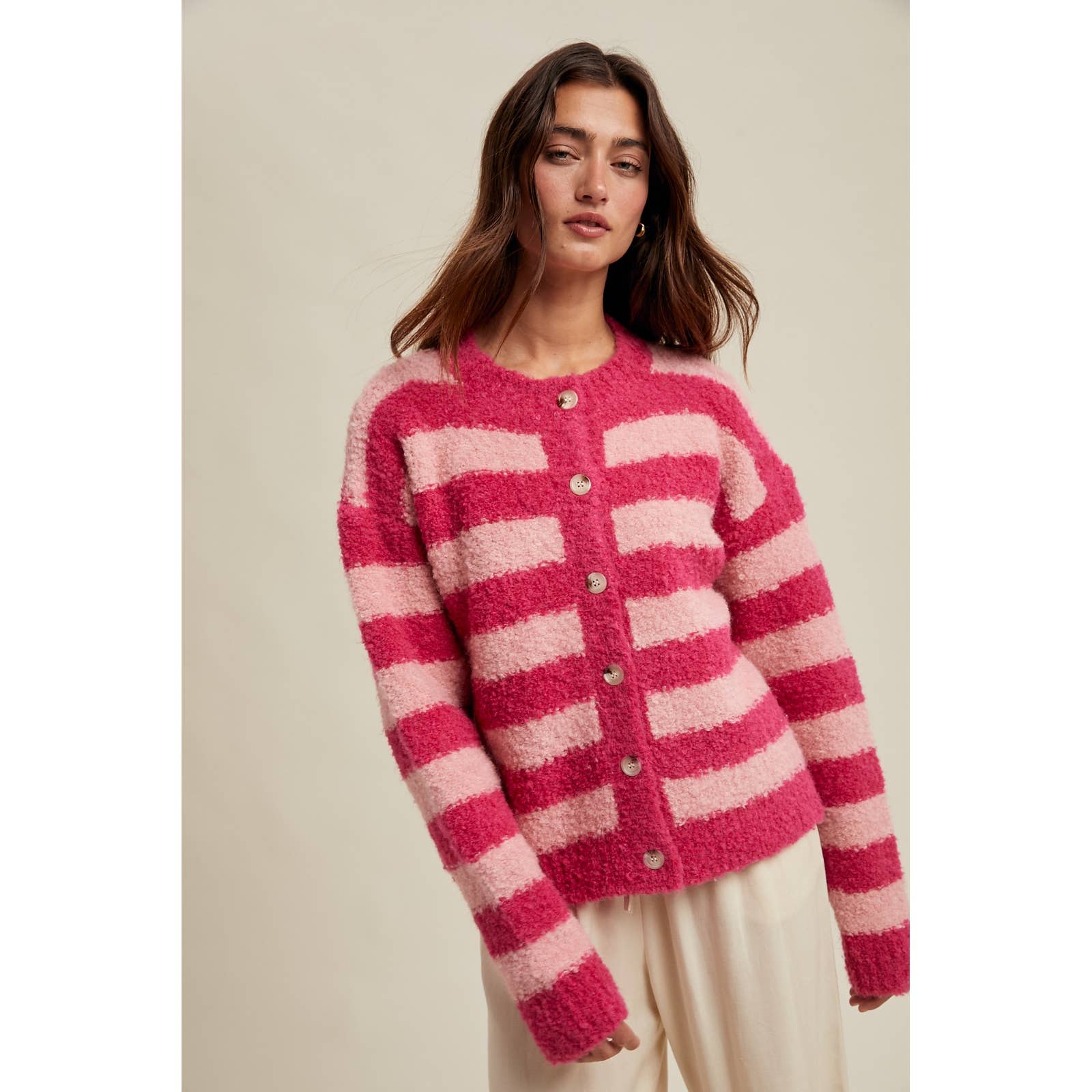 Brushed Soft Striped Cardi (Candy Apple)
