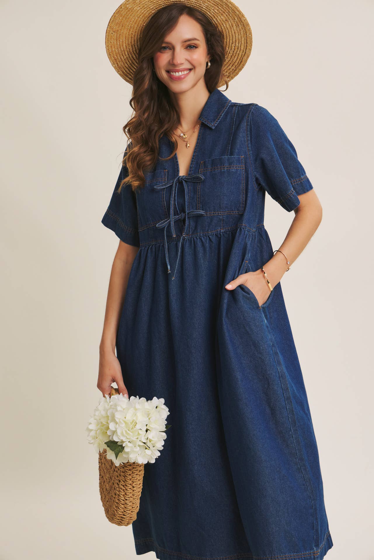 Classic Babydoll Denim Midi Dress