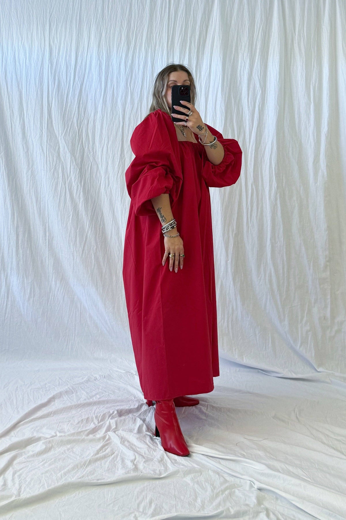 DEADSTOCK VINTAGE FABRIC Long Puff Sleeve Maxi Dress (Red) | Maya Meyer