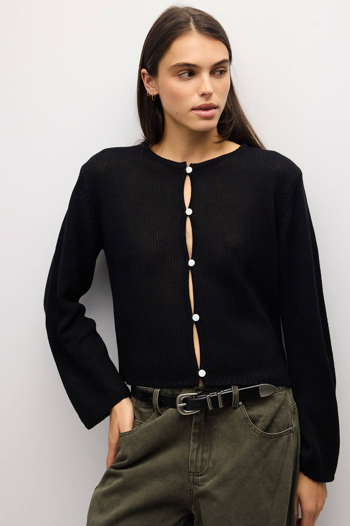 The Morgan Cardigan (Open Button Hole Long Sleeve Cardigan, Black) | All Row