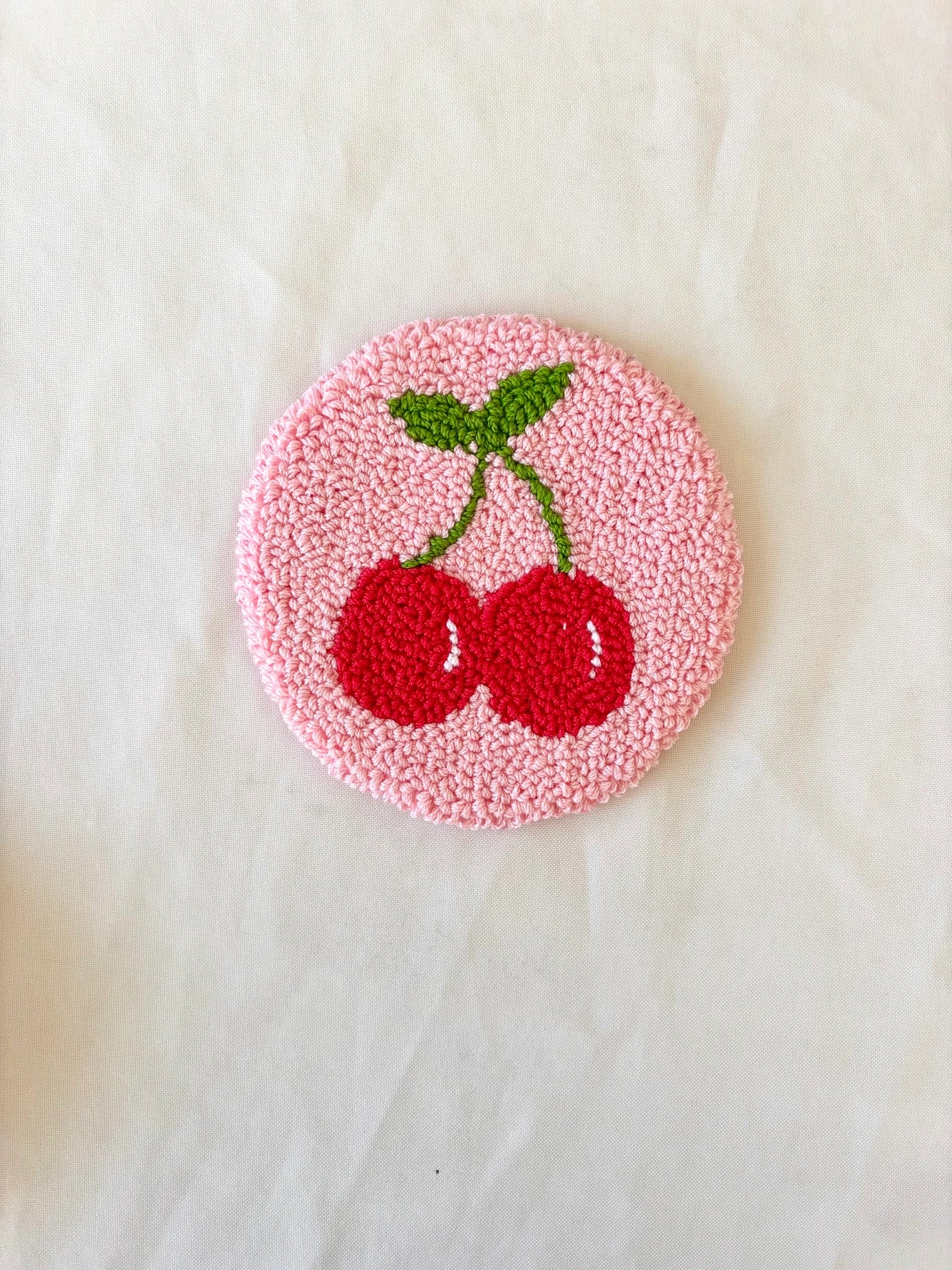 Handmade Tufted Coaster / Mug Rug (Cherries)