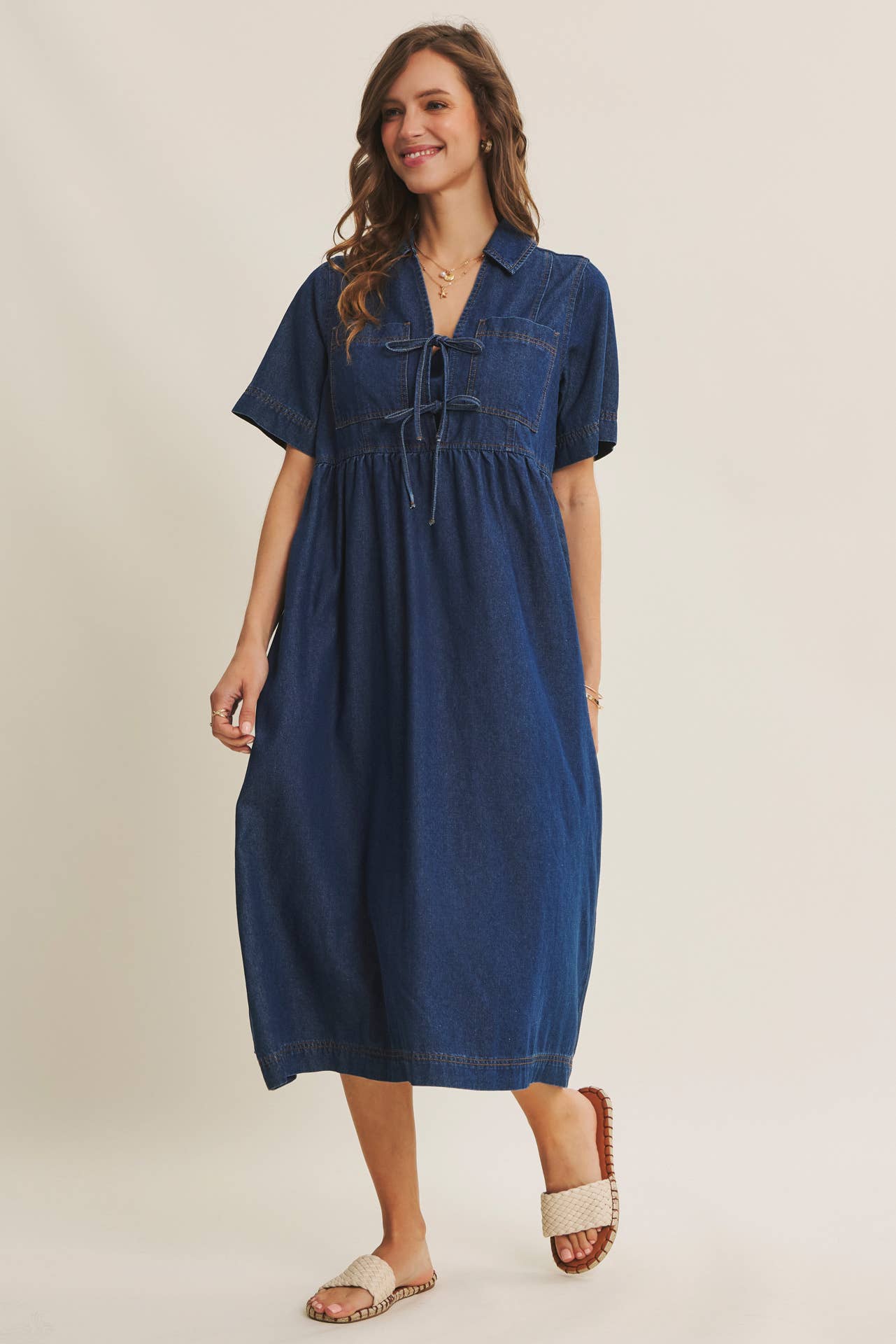 Classic Babydoll Denim Midi Dress