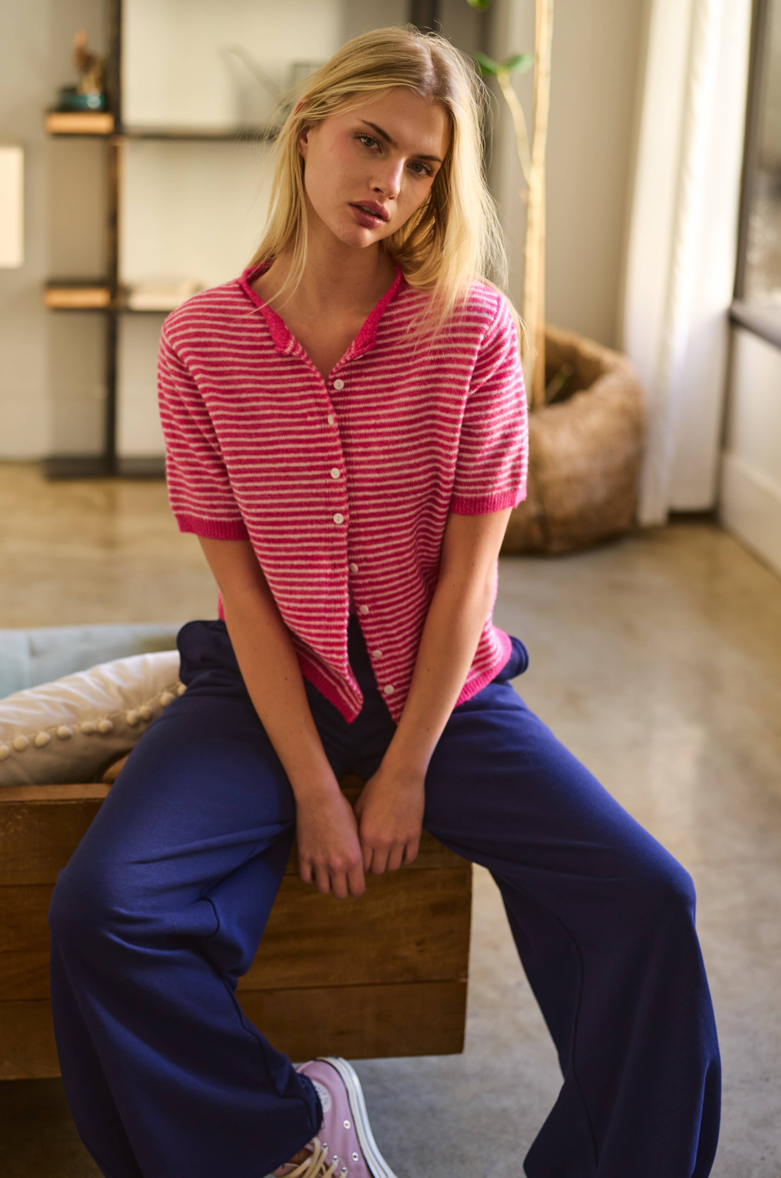 Fuzzy Short-Sleeve Cardigan (Pink)