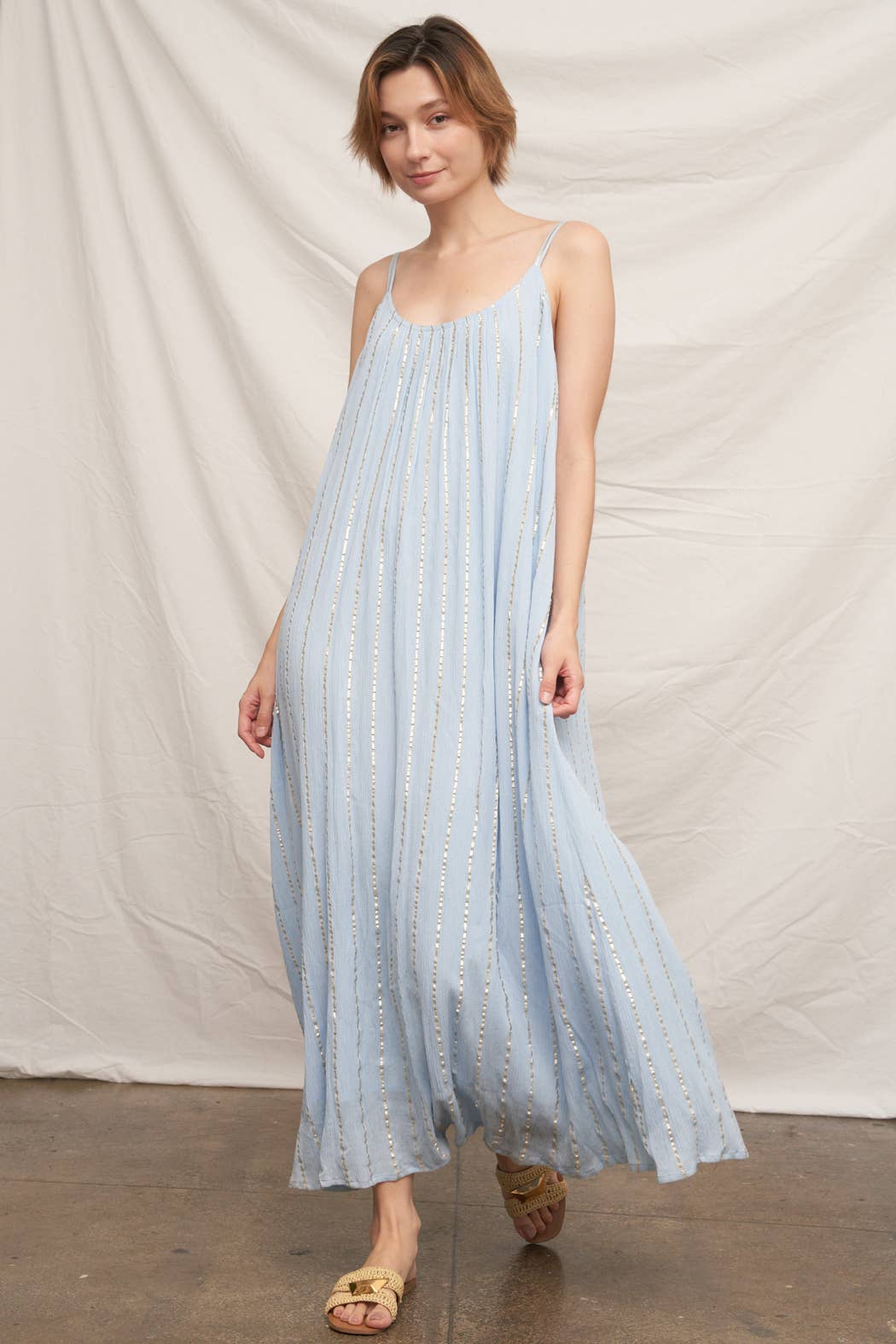 Metallic-Striped Maxi Dress (Cloud)