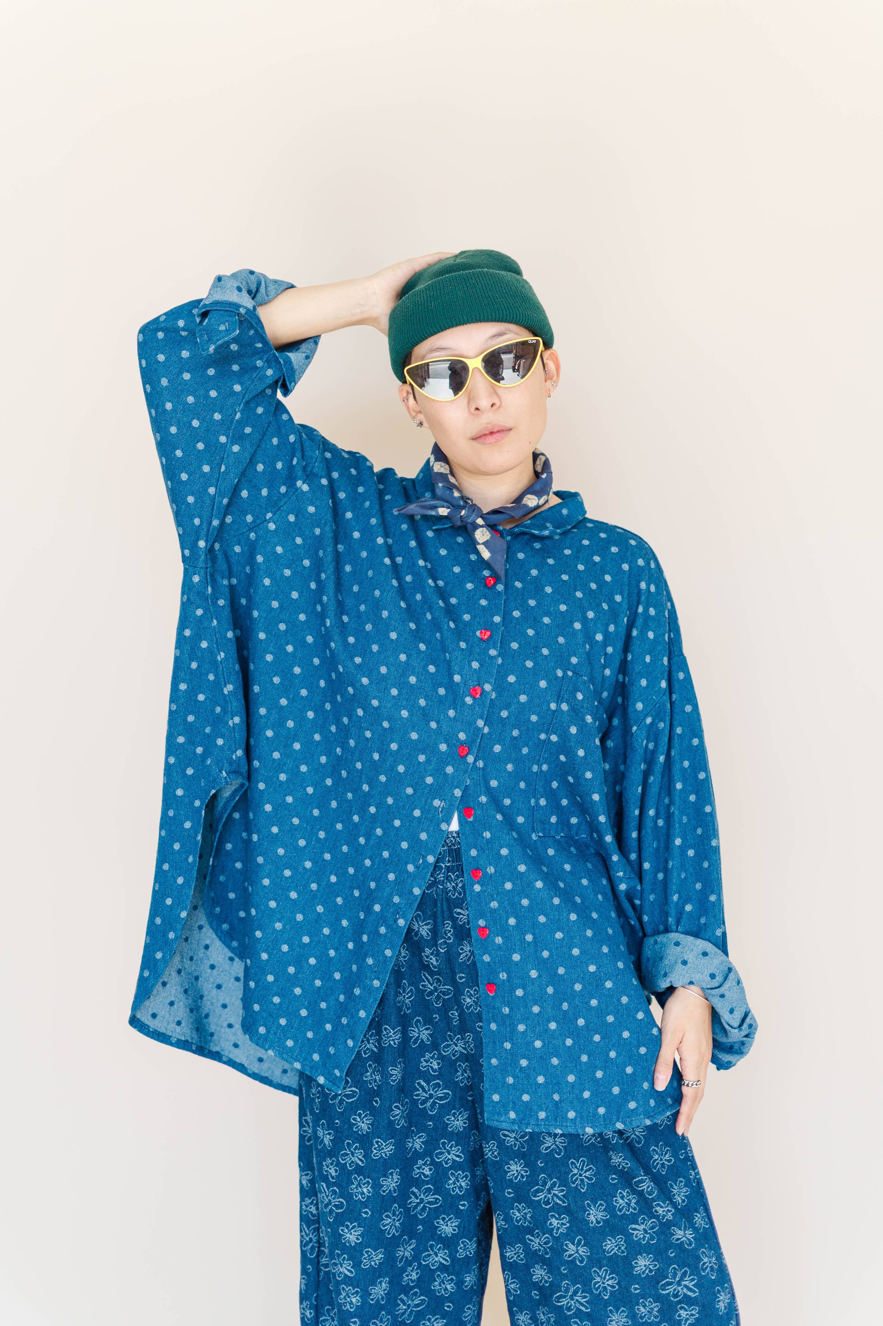 Size Inclusive Polka Dot Denim Button Up Shirt | NETTLE STUDIOS
