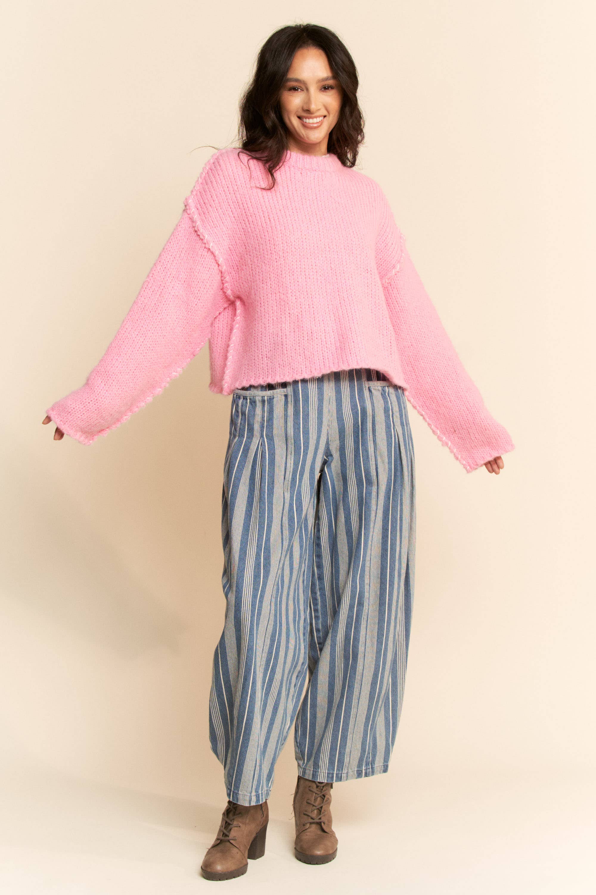 Striped Denim Barrel Jeans