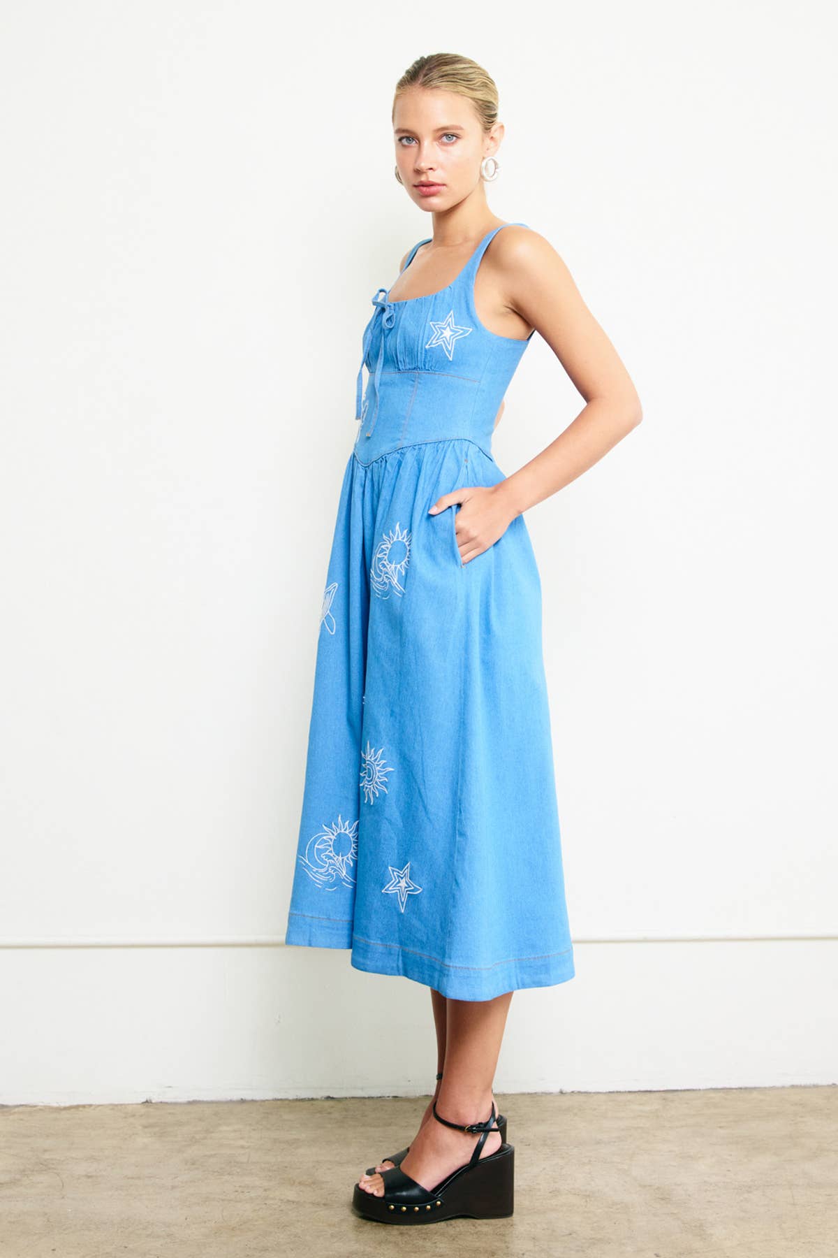 Doodle-Embroidered Denim Sundress