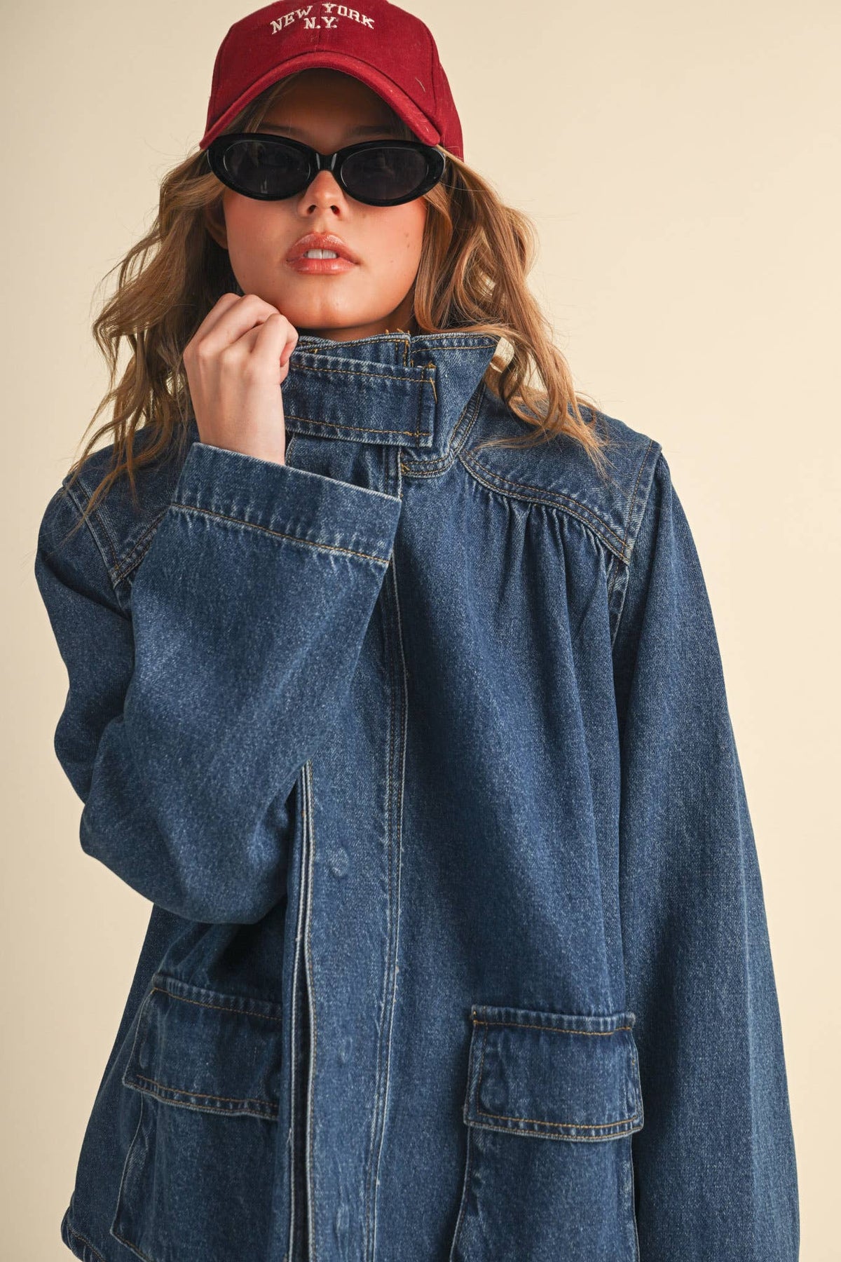 Hi-Collar Denim Utility Jacket