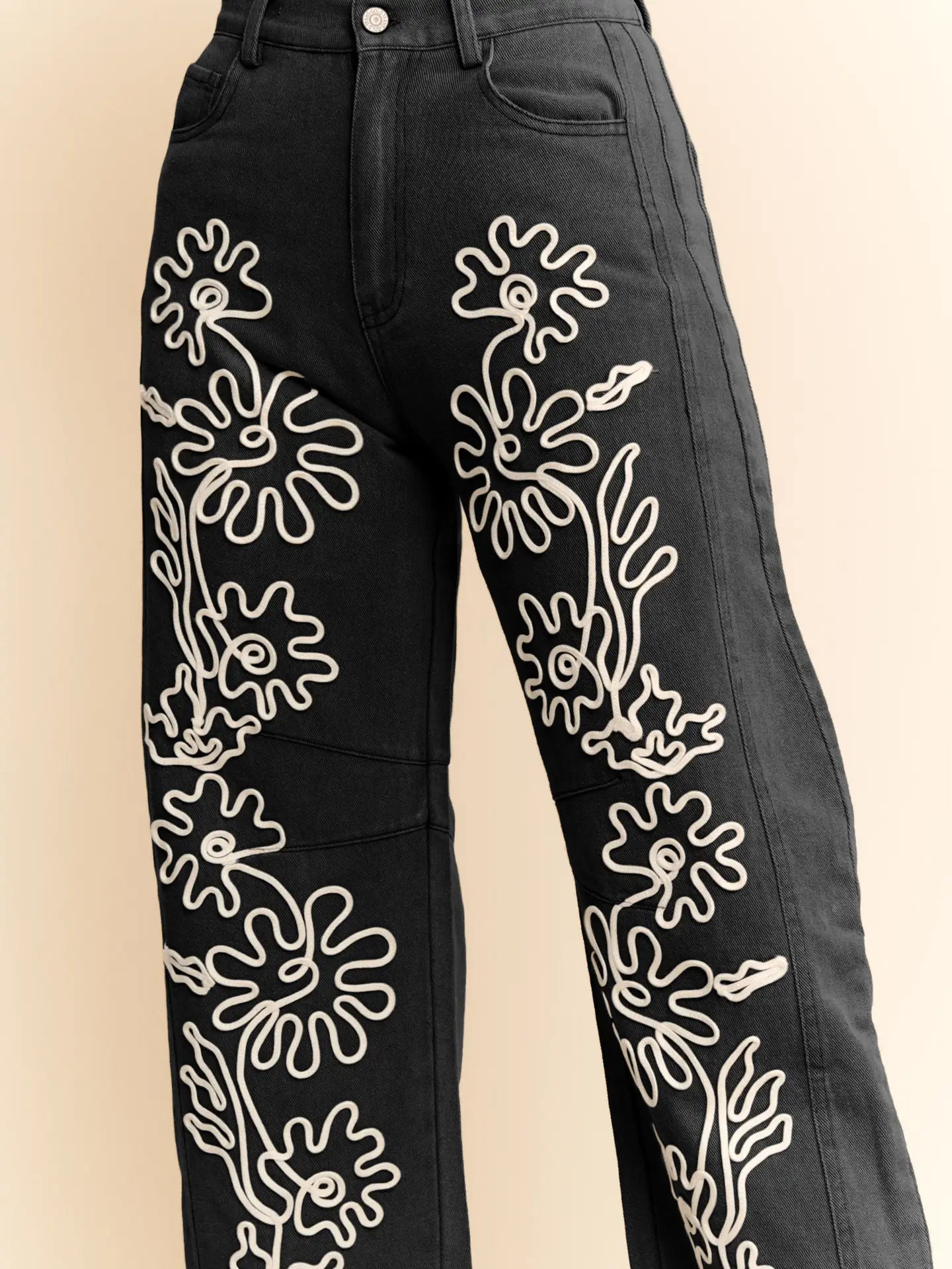Cord Floral Embroidered Barrel Pants