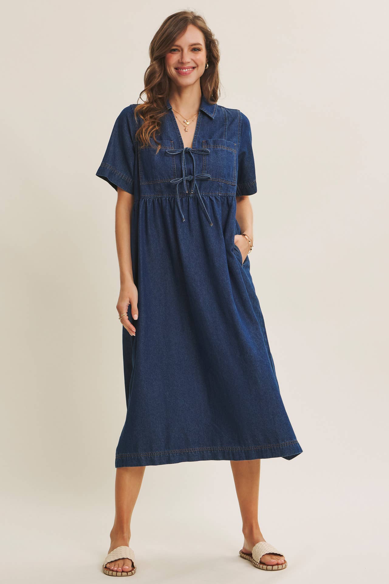 Classic Babydoll Denim Midi Dress