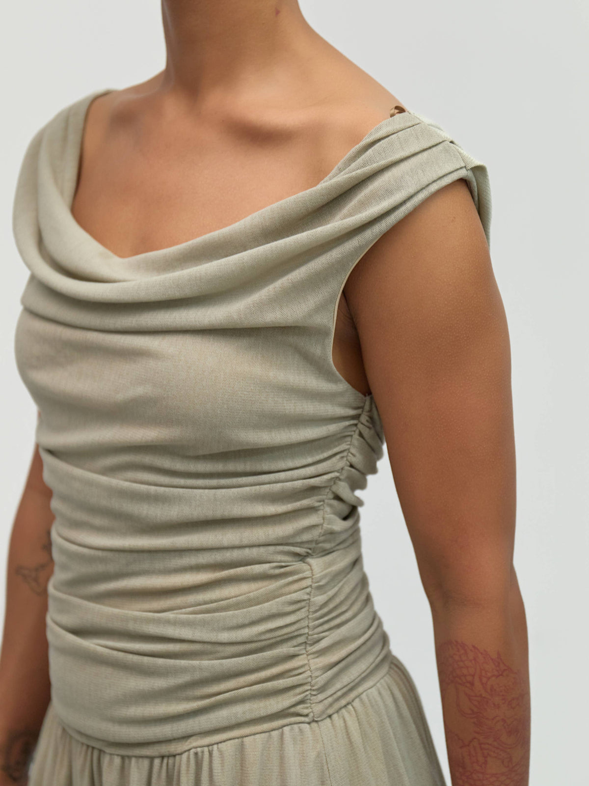 The Annabelle Dress (Cowl Wide Neck Drape Mesh Midi Dress, Taupe) | All Row